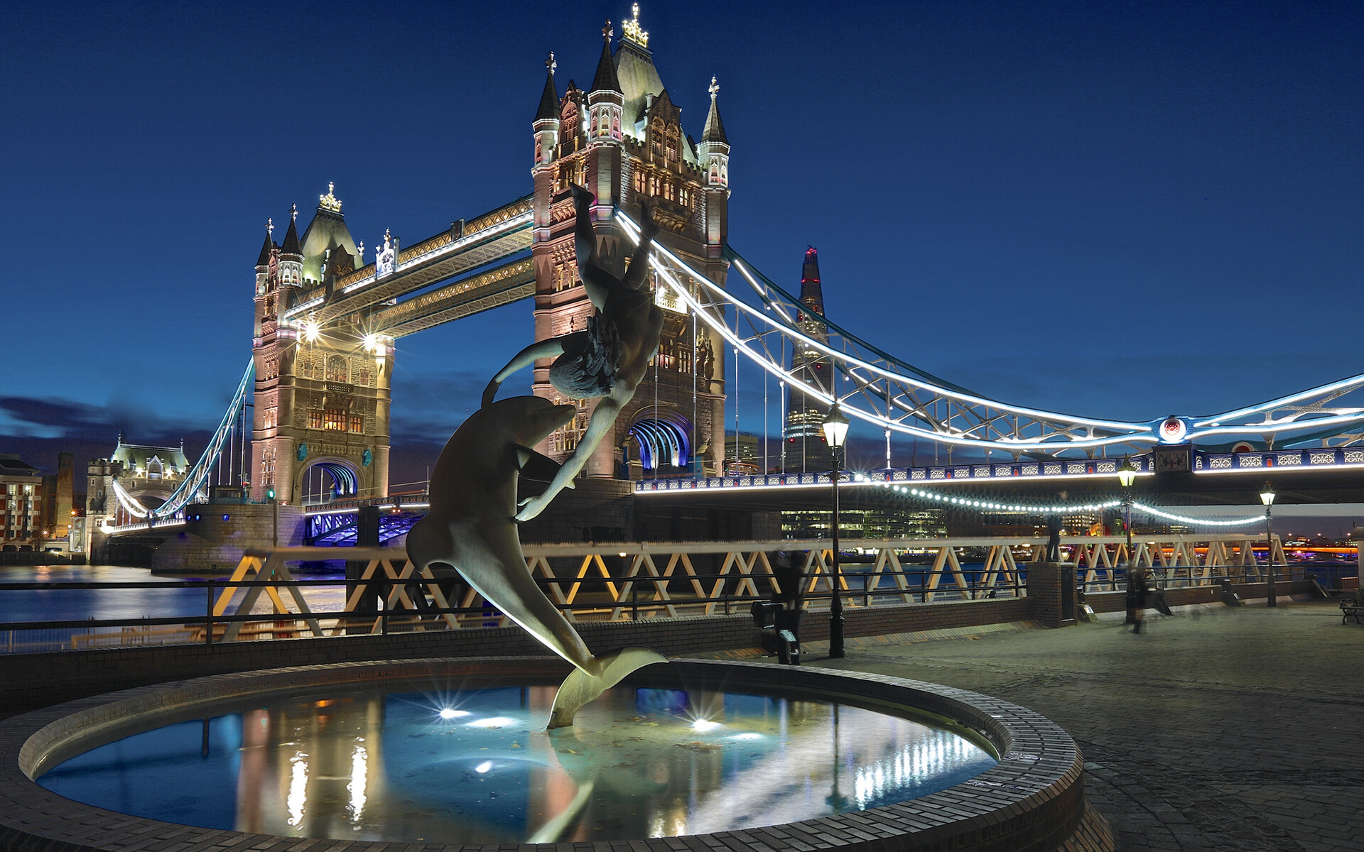 Tower Bridge: A major crossing of the Thames, Night city lights, Fountain, Dolphin. 1920x1200 HD Background.