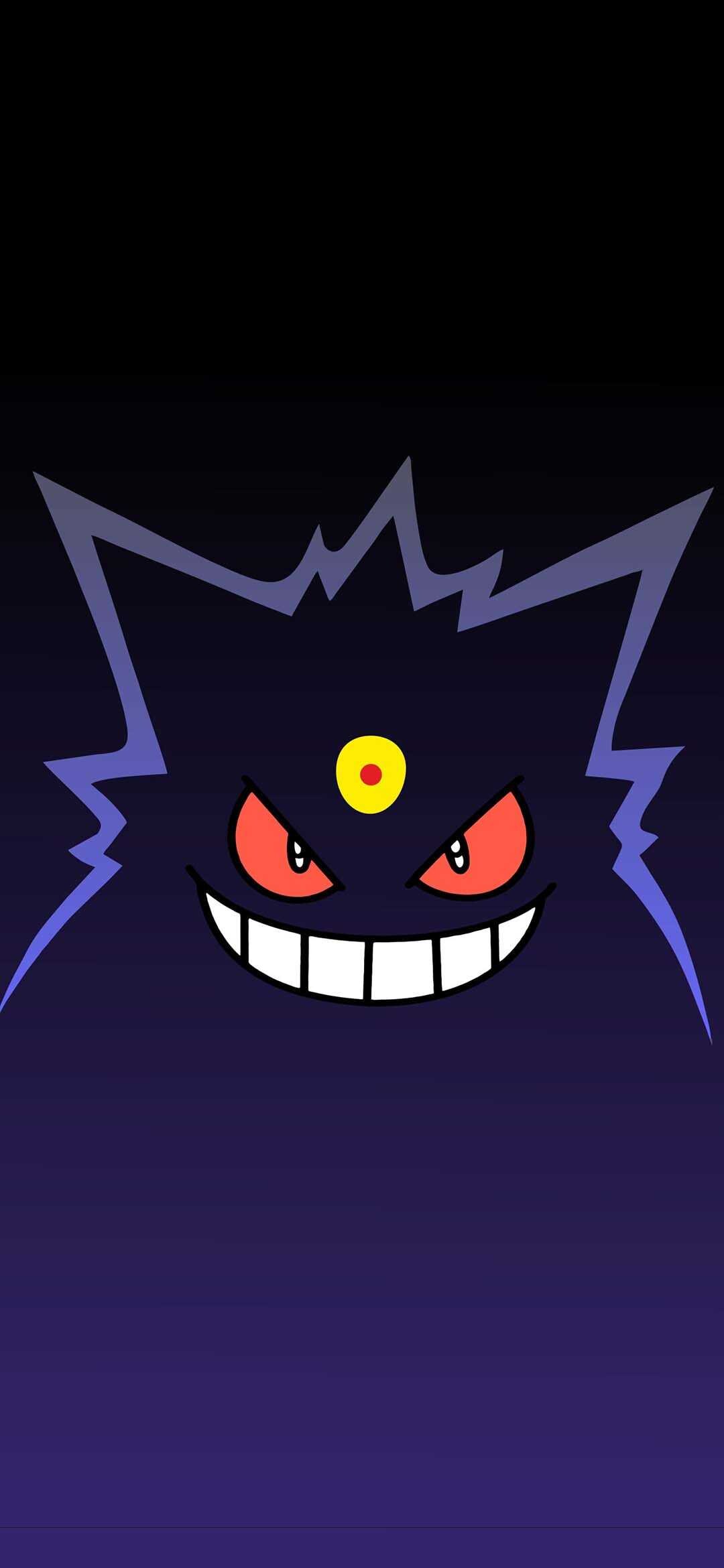 Gengar: The third eye on the forehead, The oval, yellow unblinking eye, Allowing to see into other dimensions. 1080x2340 HD Background.