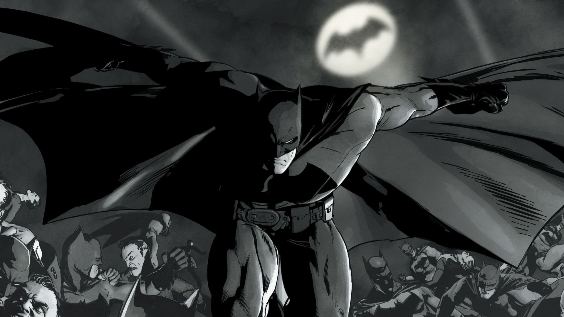 Batman, DC Comics, Monochrome aesthetic, Iconic Bat-Symbol, Superhero stance, 1920x1080 Full HD Desktop