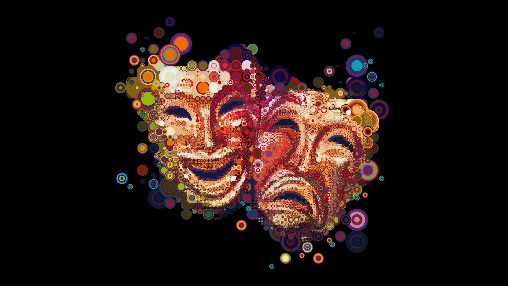 Theater masks, Dramatic expressions, Theatrical art, Visual storytelling, 1920x1080 Full HD Desktop