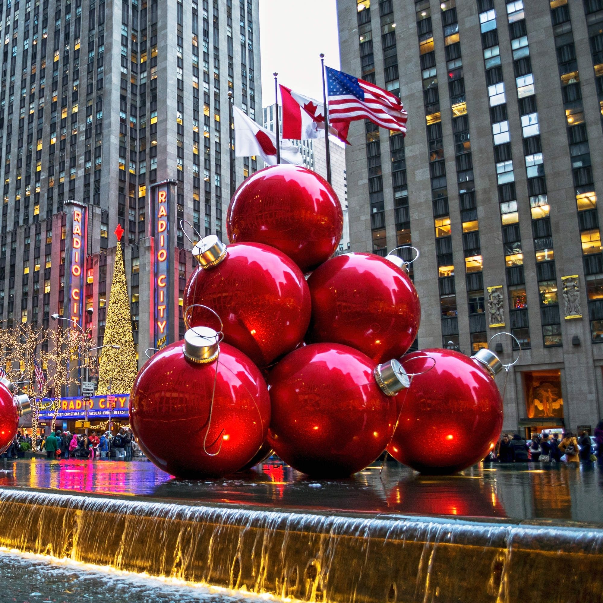 New York Christmas: Radio City Music Hall, Midtown Manhattan, Holiday decorations. 2000x2000 HD Background.