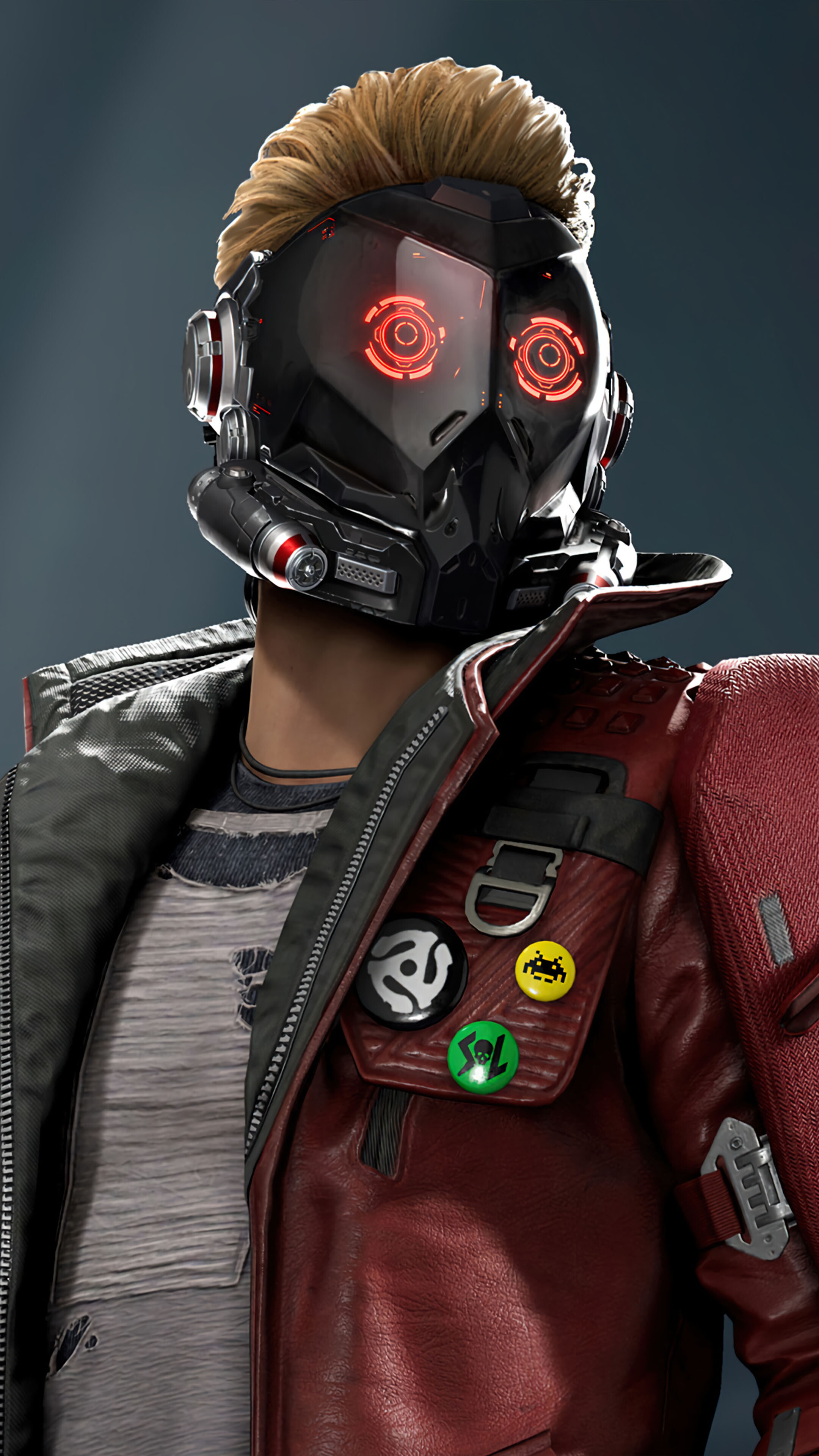 Marvel's Guardians of the Galaxy: The player assumes control of Star-Lord from a third-person perspective. 2160x3840 4K Background.