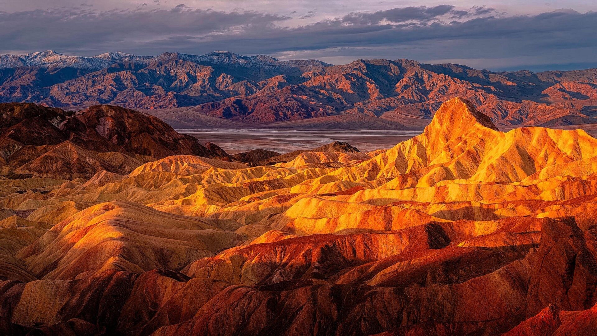 Geology: Zabriskie Point, Vista point In California, An area consisting of hills and mountains. 1920x1080 Full HD Background.