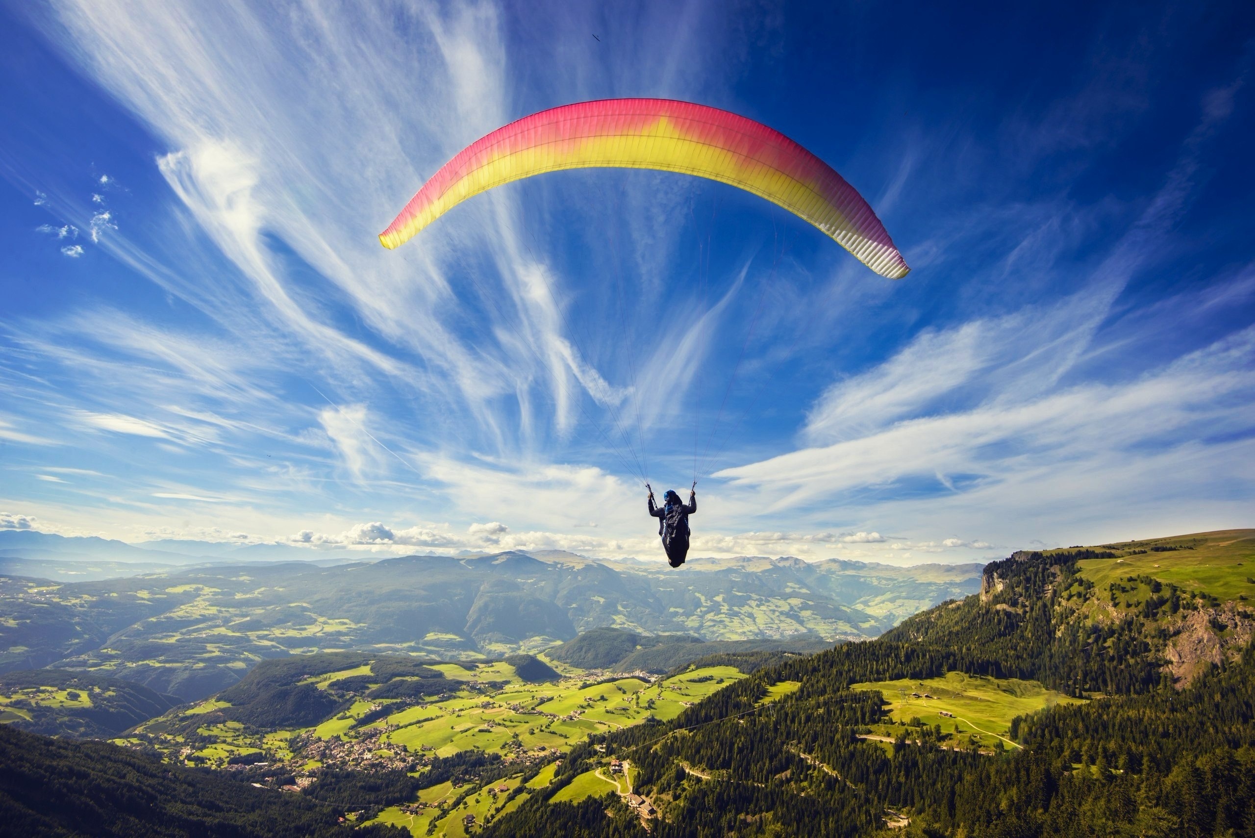 Paragliding: Parachute as a wing, Flying paraglider in the mountains. 2560x1710 HD Wallpaper.