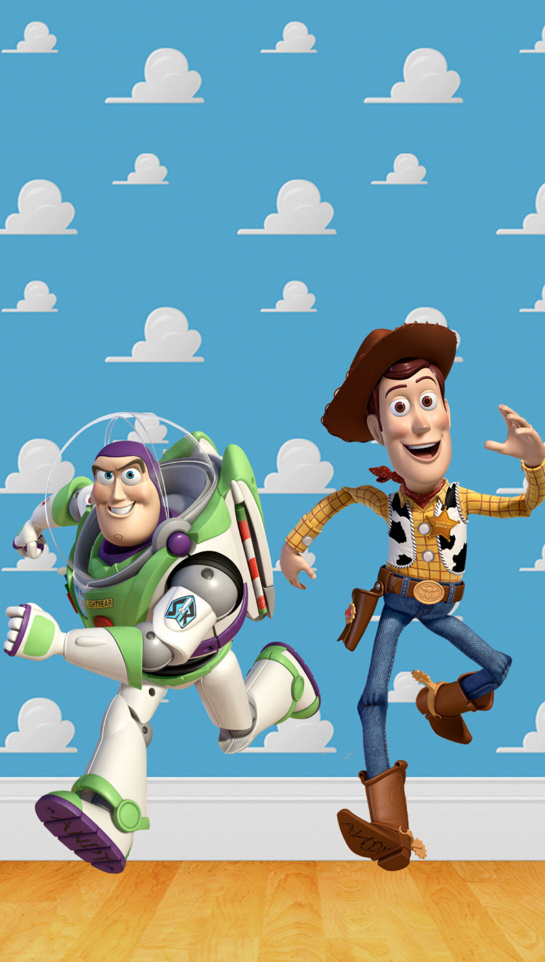 Toy Story: Woody and Buzz, a classic cowboy doll and a modern spaceman action figure. 1090x1920 HD Background.
