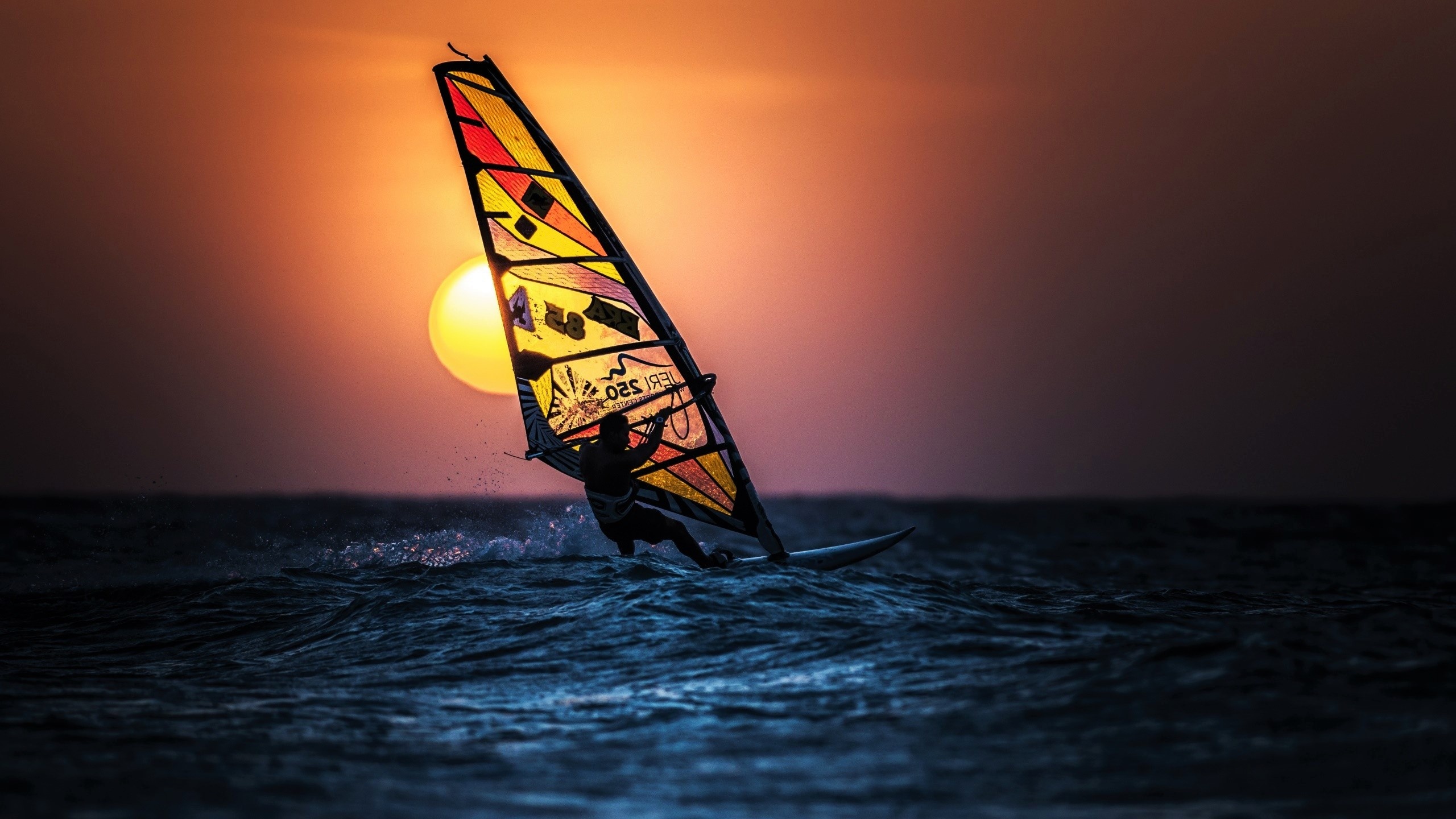 Sailing: Windsurfing, Sea vehicle, Ocean, Wind, Wave, Water sport. 2560x1440 HD Background.