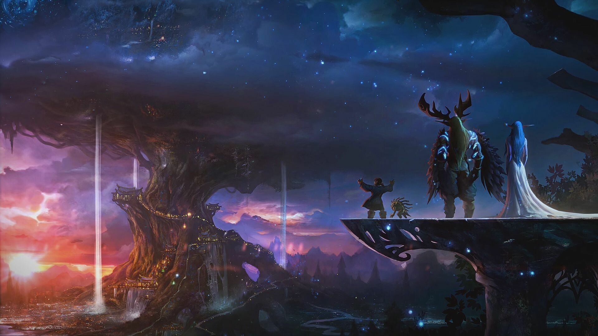 World of Warcraft: Queen Azshara, Malfurion Stormrage, The World Tree. 1920x1080 Full HD Background.