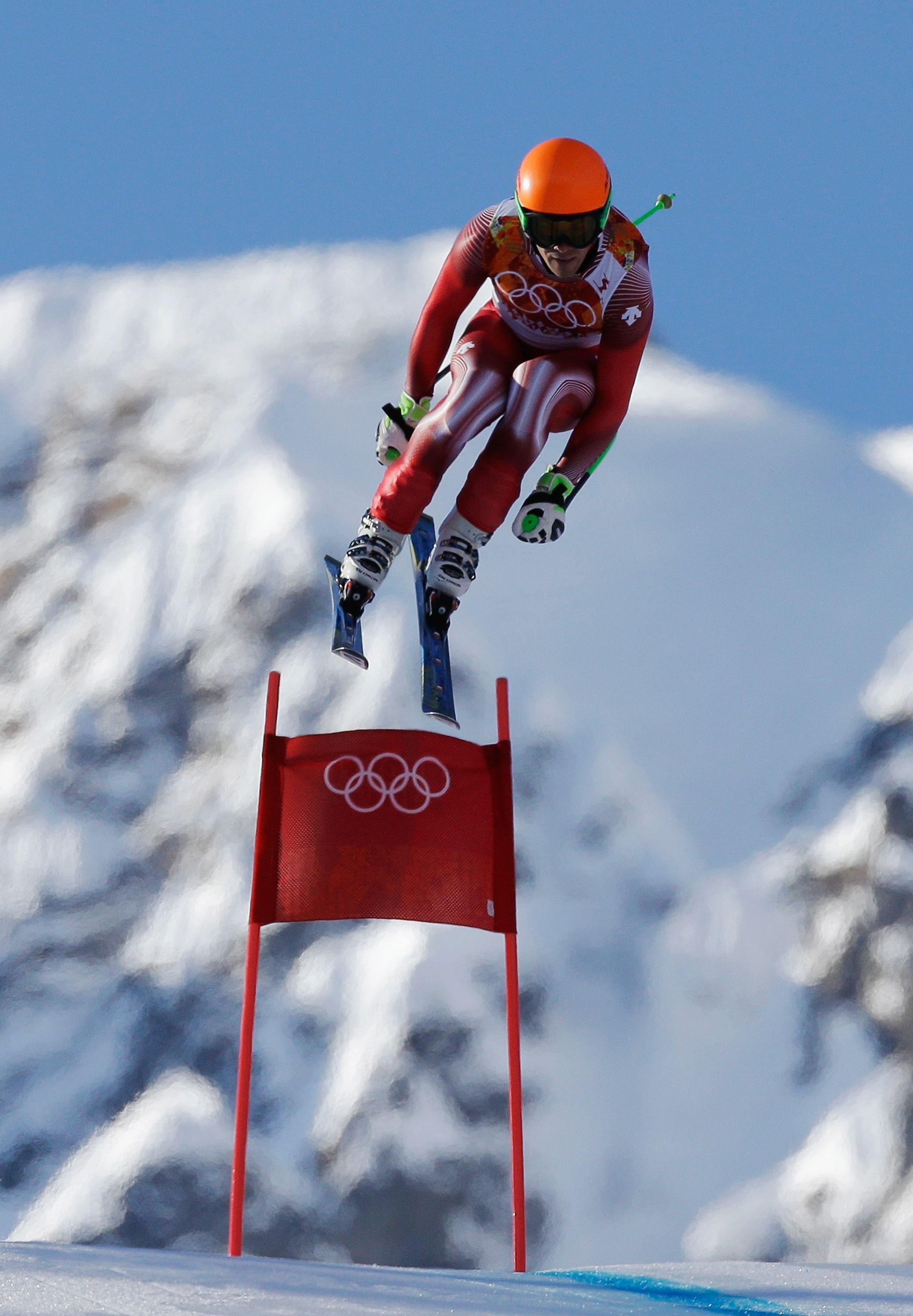 Alpine Skiing: Sandro Viletta of Switzerland, Men's Super Combined Downhill, Sochi 2014 Olympic Winter Games. 2090x3000 HD Background.