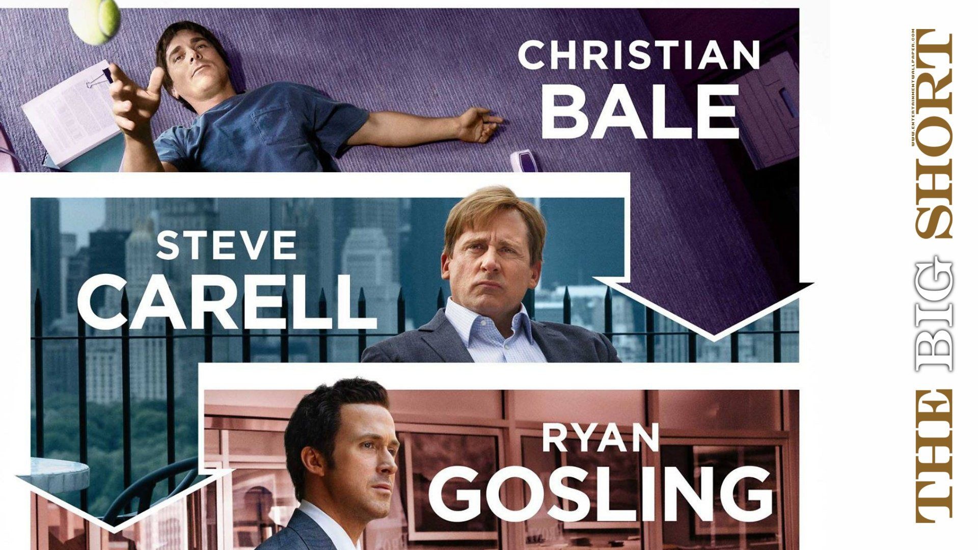 The Big Short: Christian Bale, Steve Carell, Ryan Gosling, American actors. 1920x1080 Full HD Background.