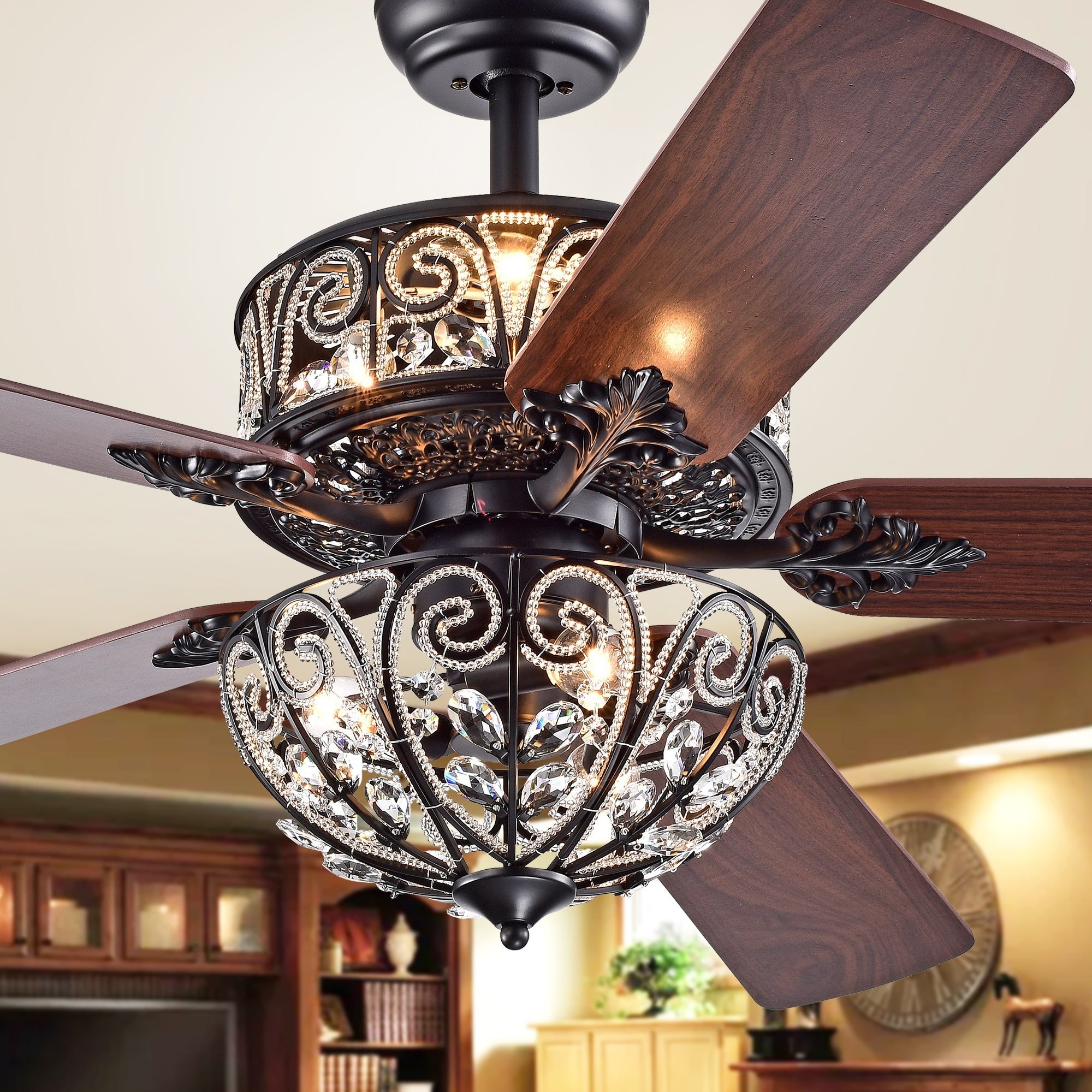 Tisaphon dual lamp, Crystal embellished, 52-inch fan, Chandelier, 2000x2000 HD Phone