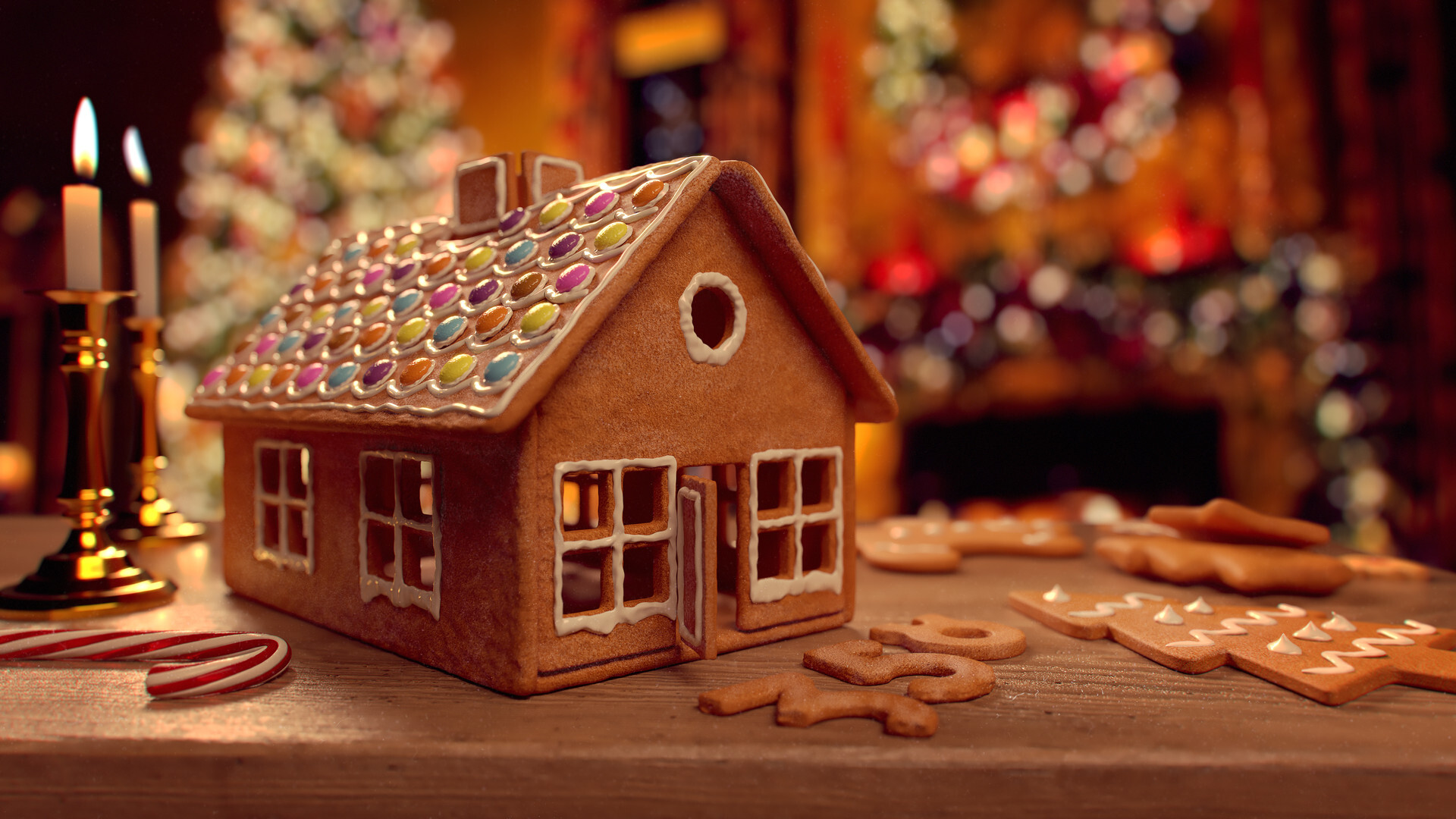 Gingerbread House: Houese decorated with royal icing and candies, Candy canes, Classic ginger cookies baked in cinnamon sugar. 1920x1080 Full HD Wallpaper.