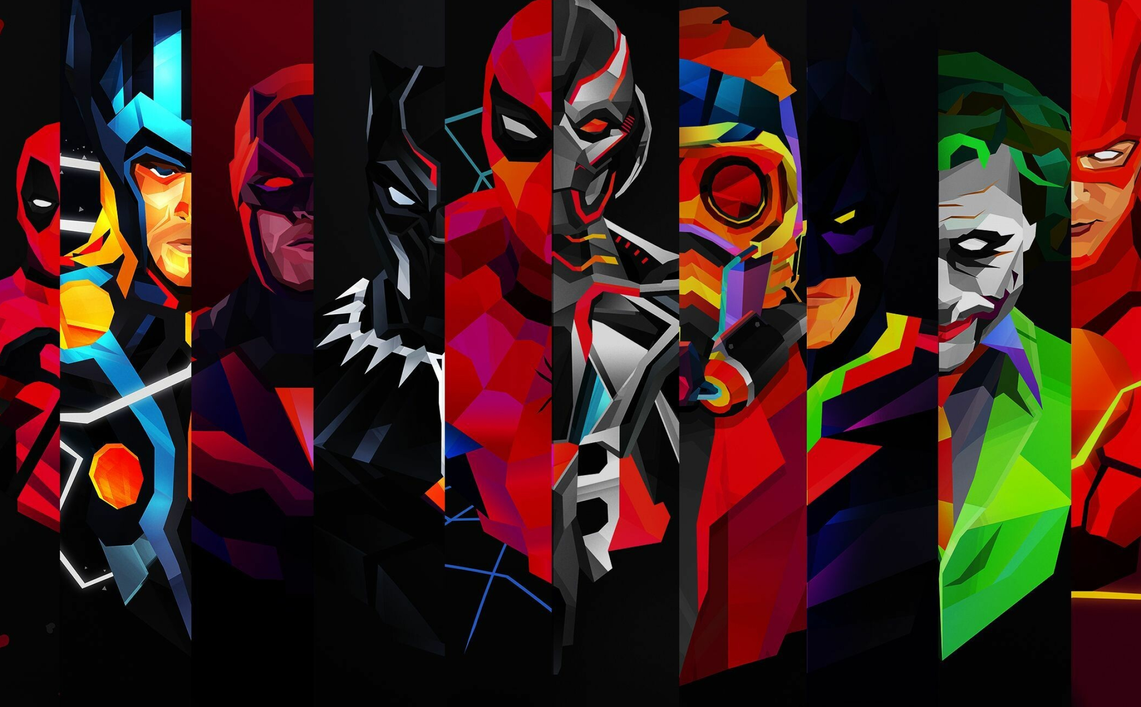 DC vs. Marvel: Batman, Spider-Man, Deadpool, Flash, Daredevil, Thor, Black Panther, Star Lord, The Joker. 2330x1440 HD Background.