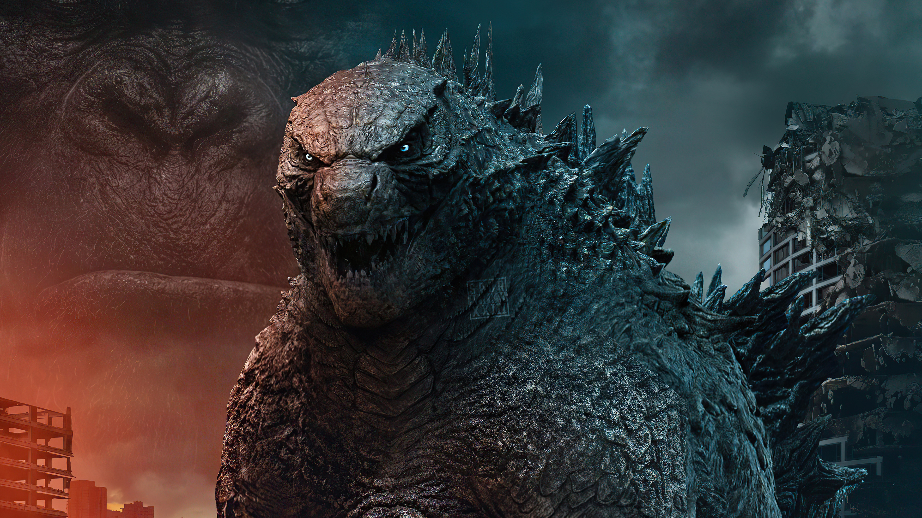 Godzilla: King of the Monsters vs Kong King, MonsterVerse media franchise. 3840x2160 4K Background.