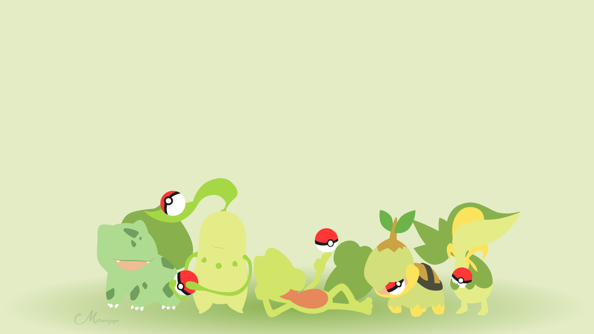 Grass (Pokemon): Bulbasaur, Chikorita, Treecko, Turtwig, Snivy, The Plant Egg Group. 1920x1080 Full HD Background.