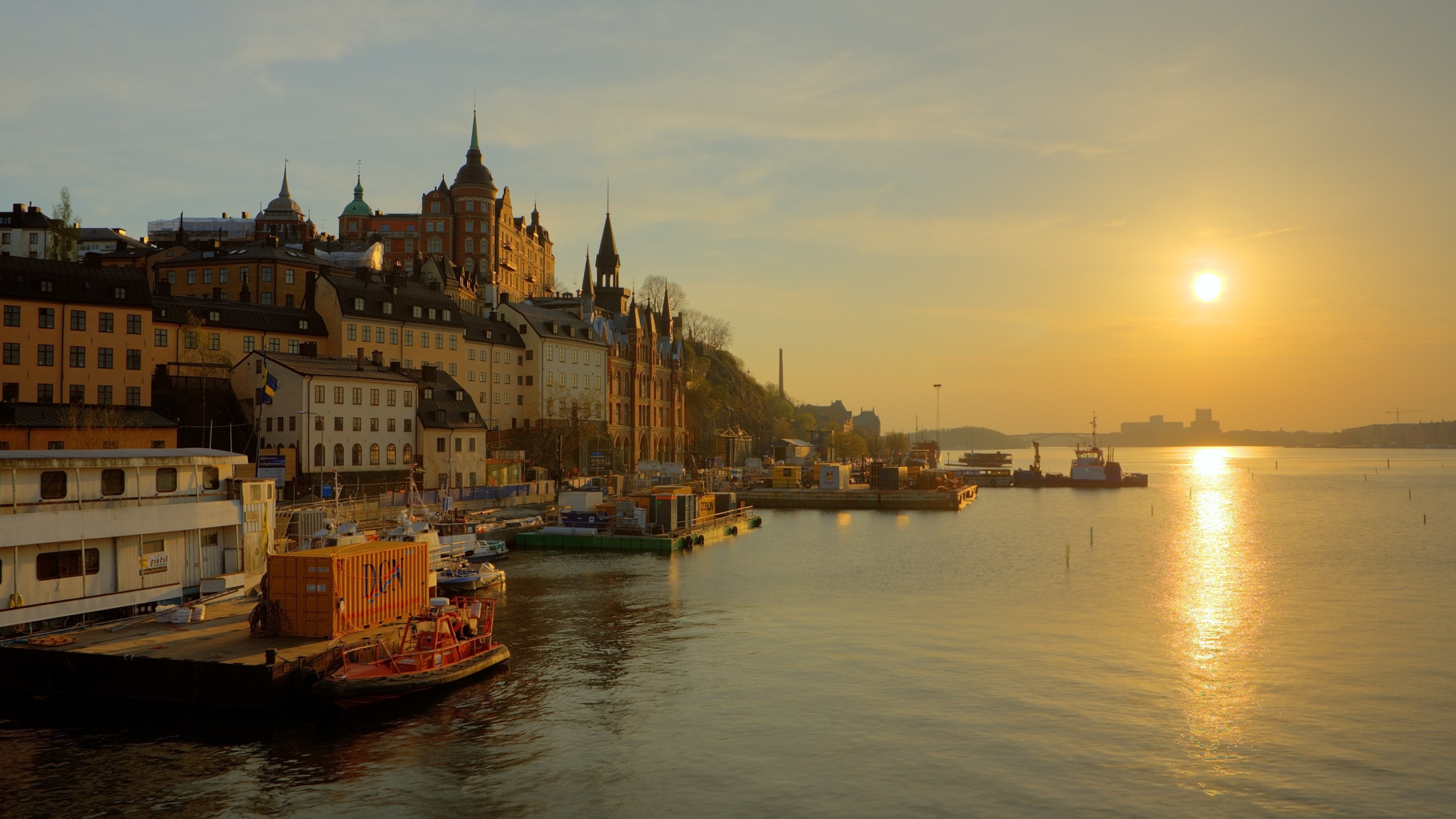 Stockholm skyline, River promenade, Golden reflections, Swedish beauty, 3840x2160 4K Desktop