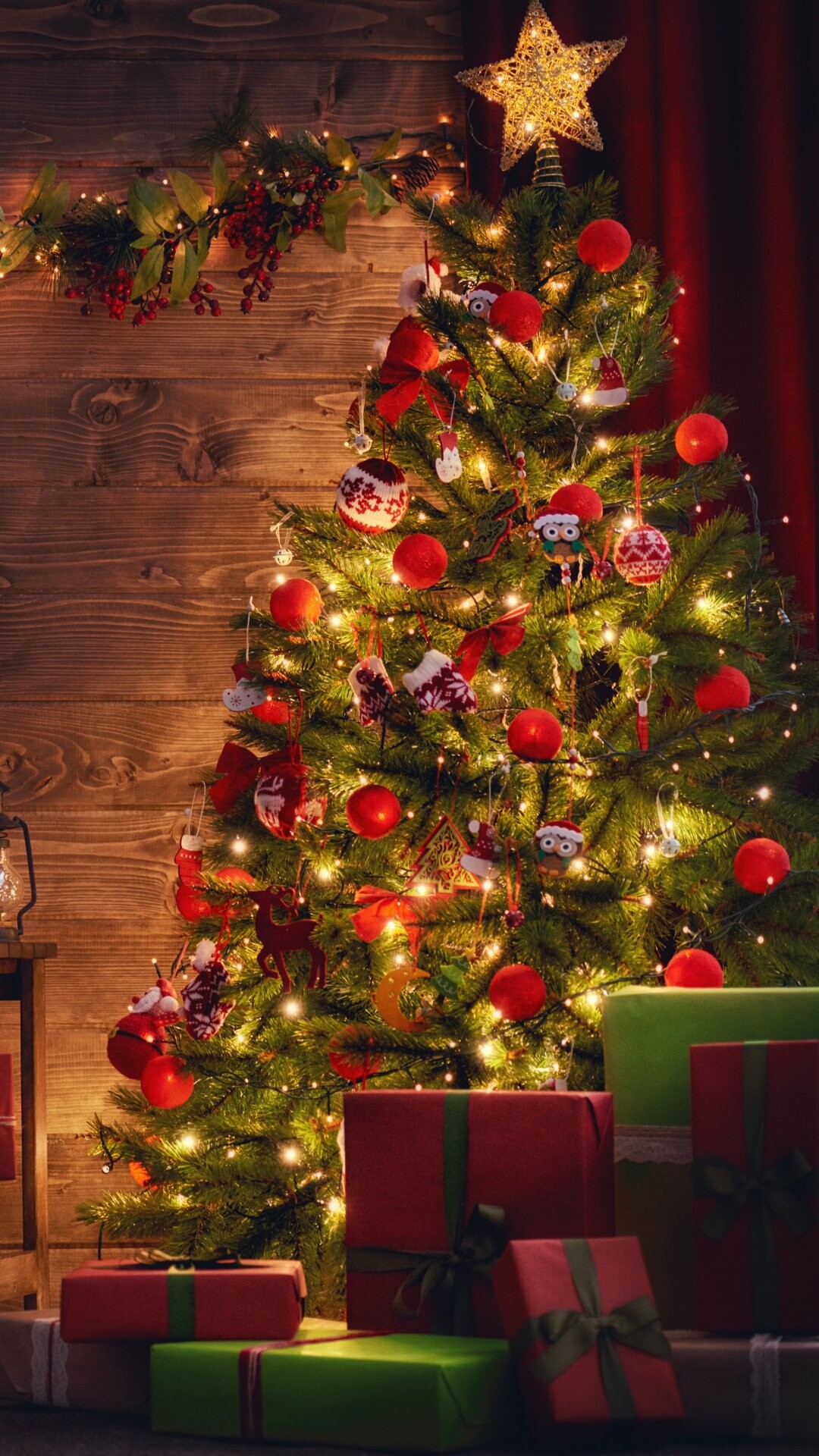 Christmas Gifts: Holiday tree, The practice of exchanging presents, Fairy lights. 1080x1920 Full HD Wallpaper.