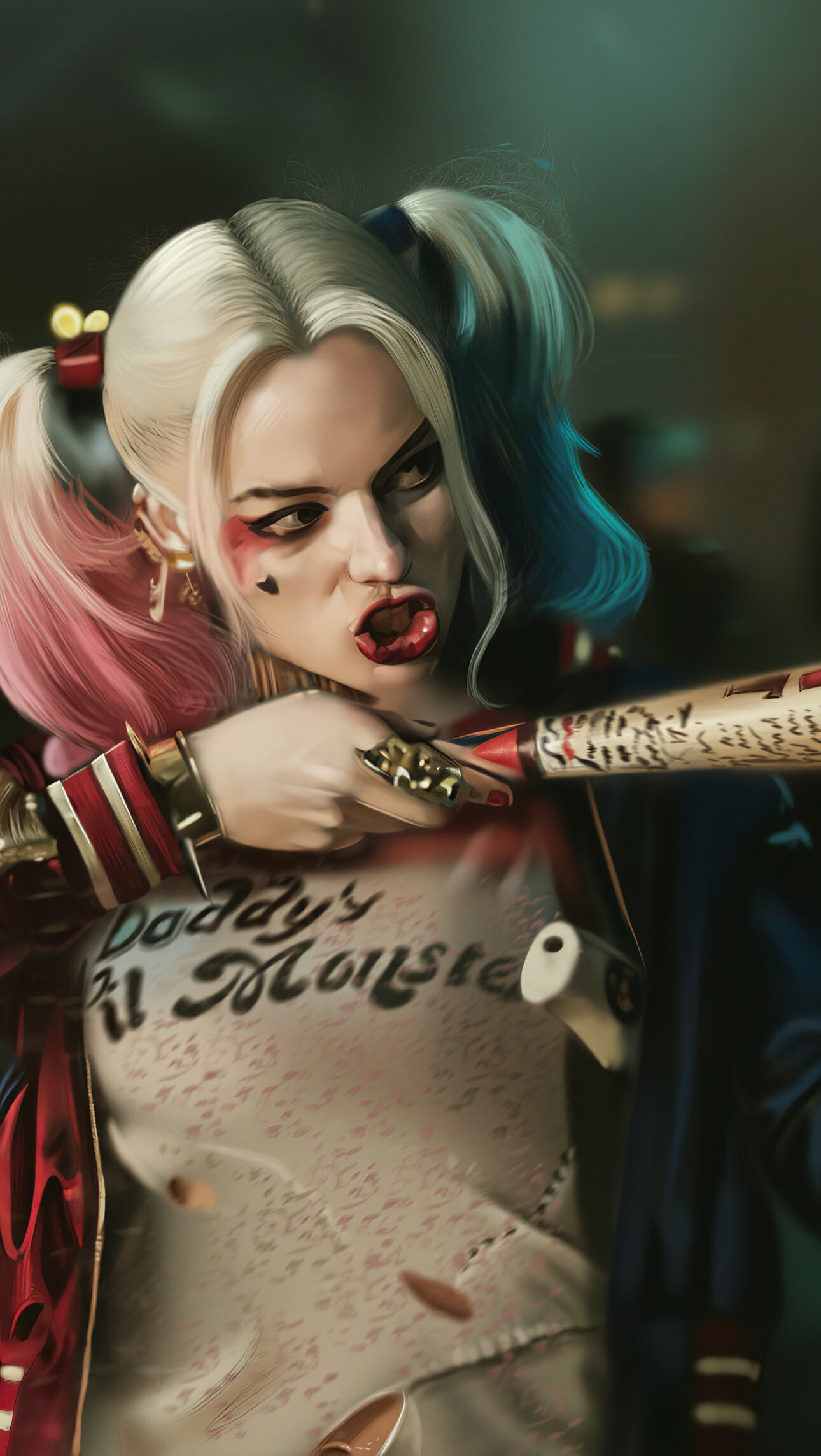 Harley Quinn: Margot Robbie as a former psychiatrist at Arkham Asylum, seduced by the Joker. 1290x2290 HD Background.