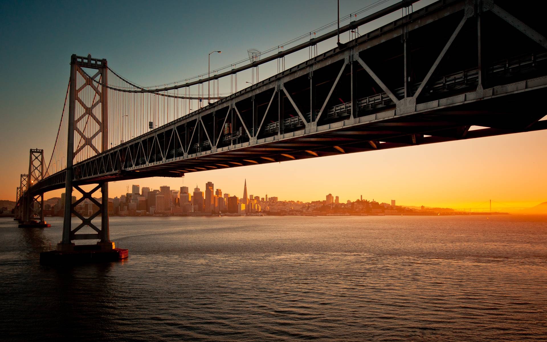Bridge: The San Francisco-Oakland Bay Span, San Francisco Bay in California, Amazing sunset. 1920x1200 HD Wallpaper.