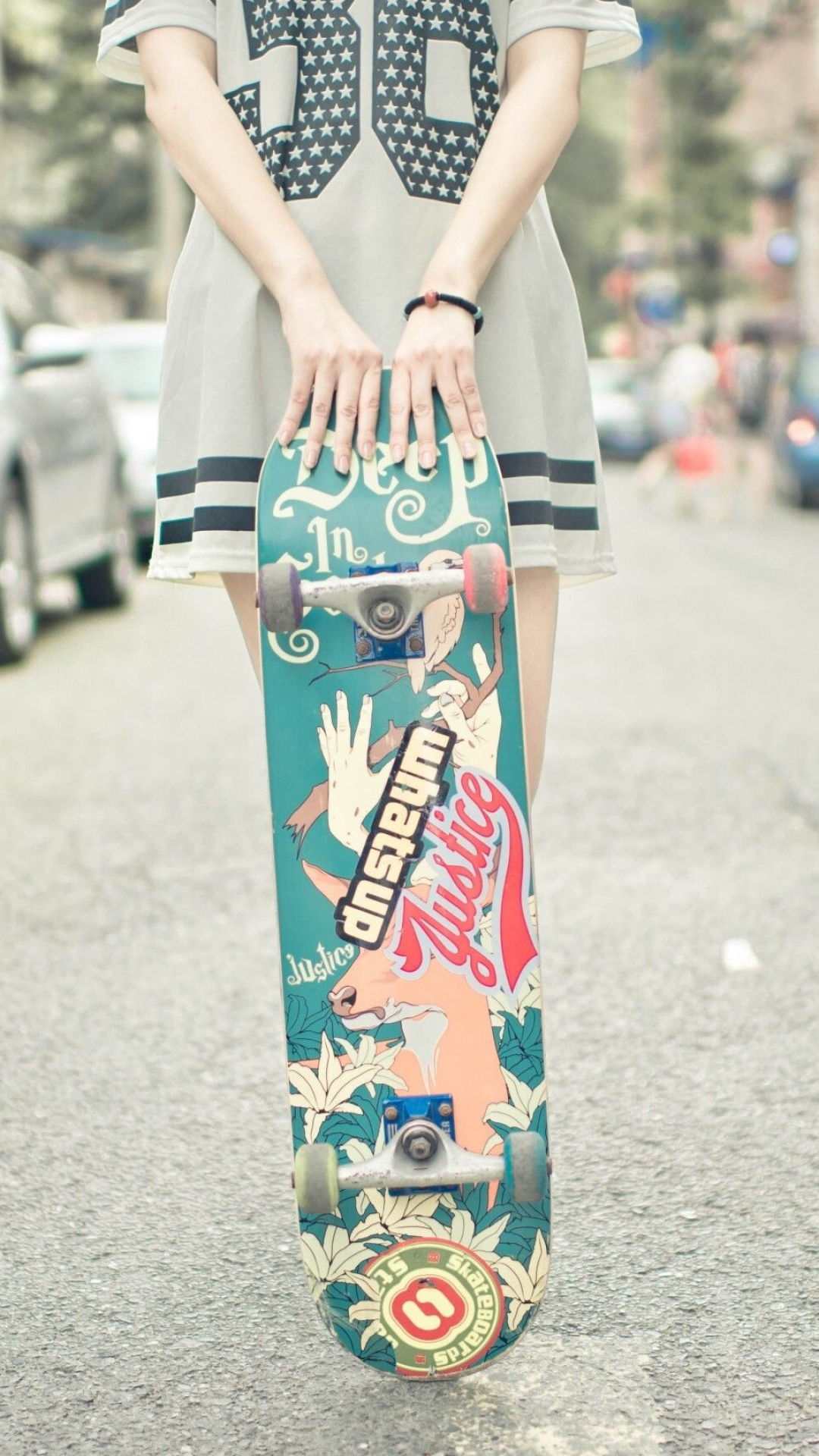 Girl Skateboarding: Fancy skateboard design, Custom longboard deck, Wheels made of polyurethane. 1080x1920 Full HD Background.