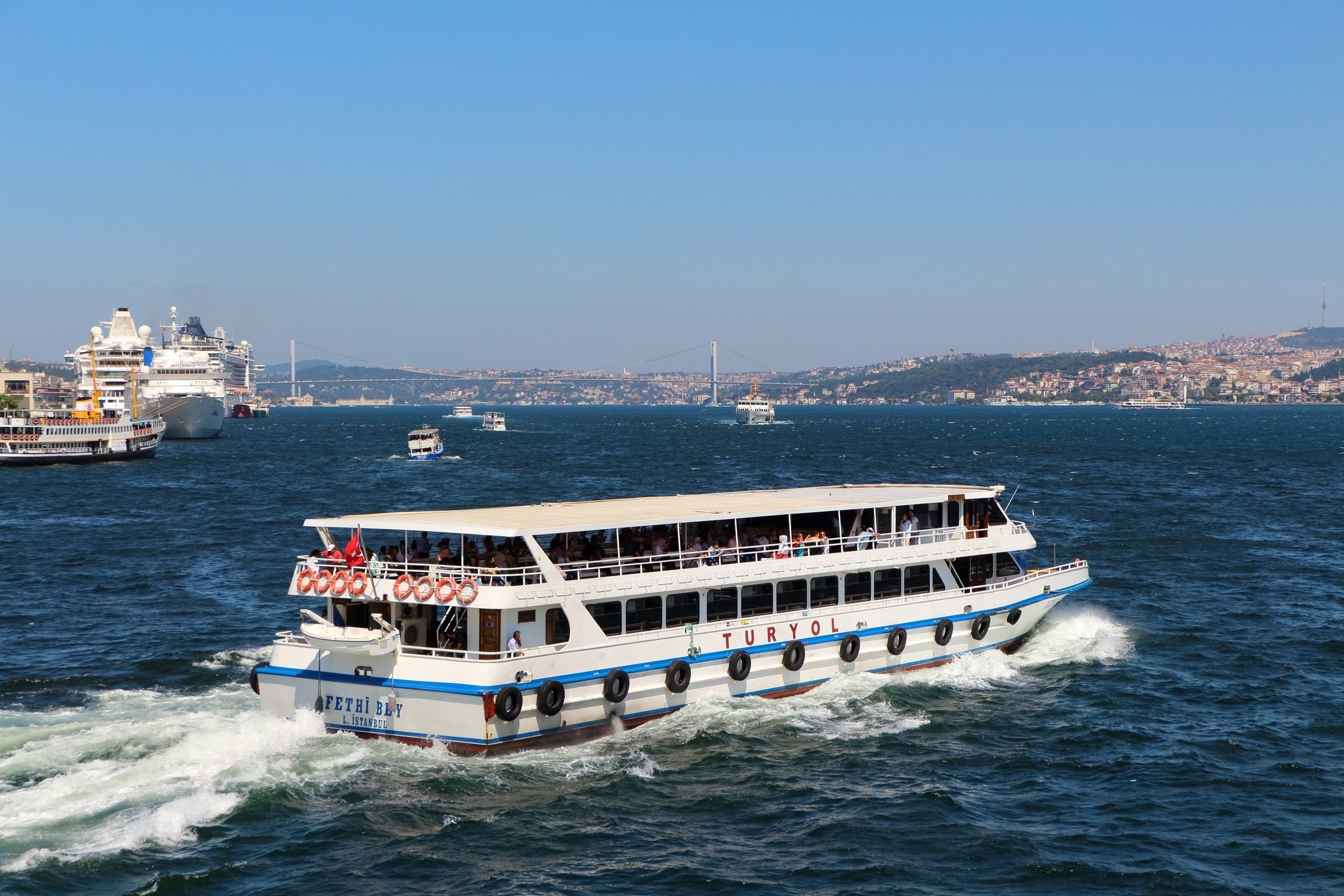 Ferry: Turkey-Greek Islands, Regular water transport. 2400x1600 HD Background.