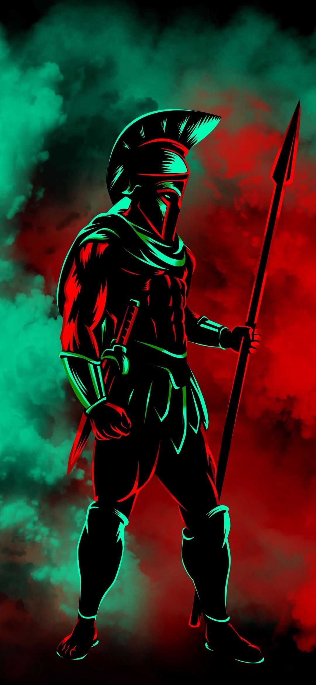 Sparta: Illustration, Minimalistic green-and-red art of a Spartan soldier armed with a spear and a short sword. 1080x2340 HD Background.