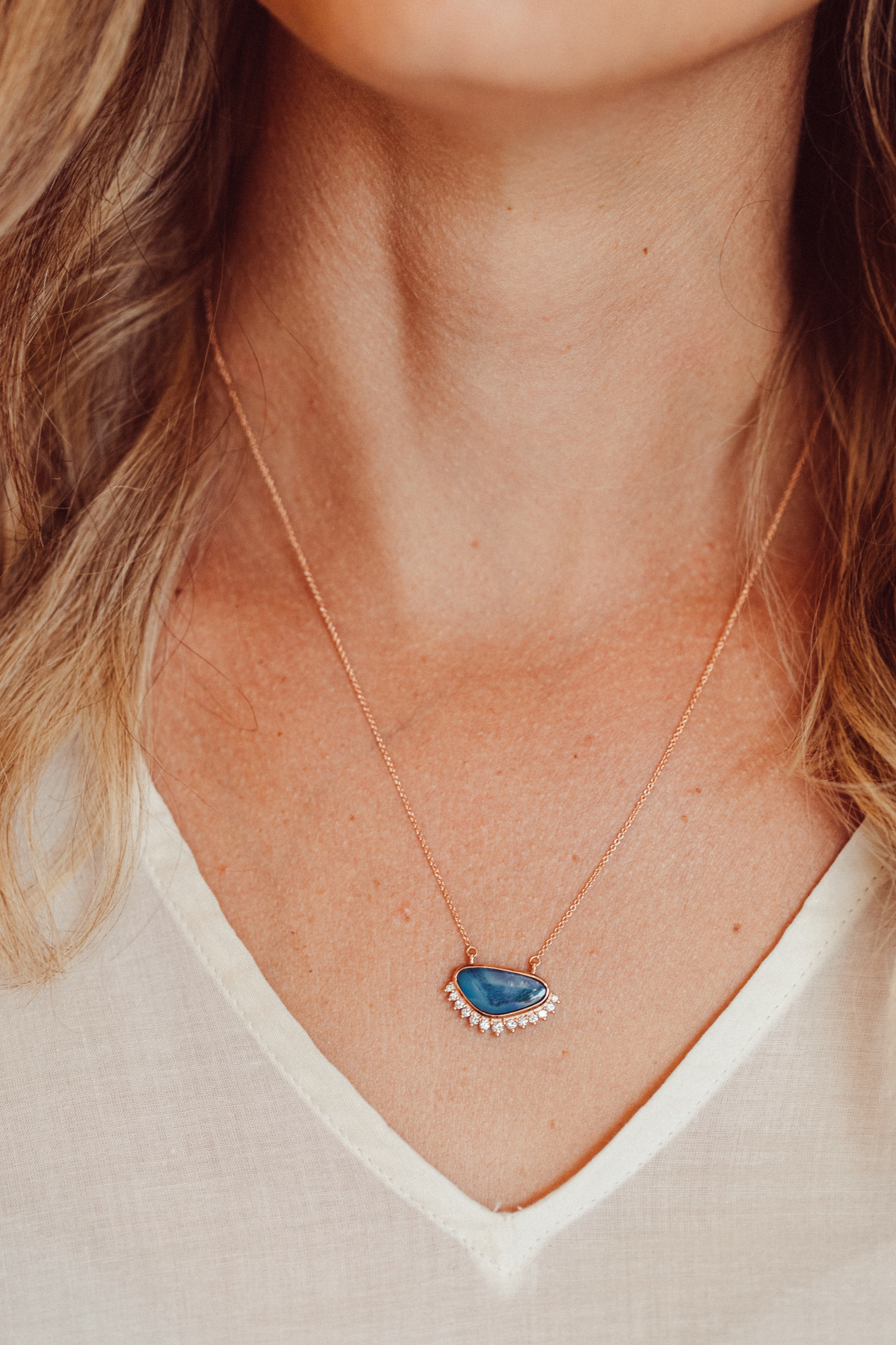 Blue-purple opal necklace, Diamond flare, 14k rose gold, Sarah O jewelry, 1370x2050 HD Handy