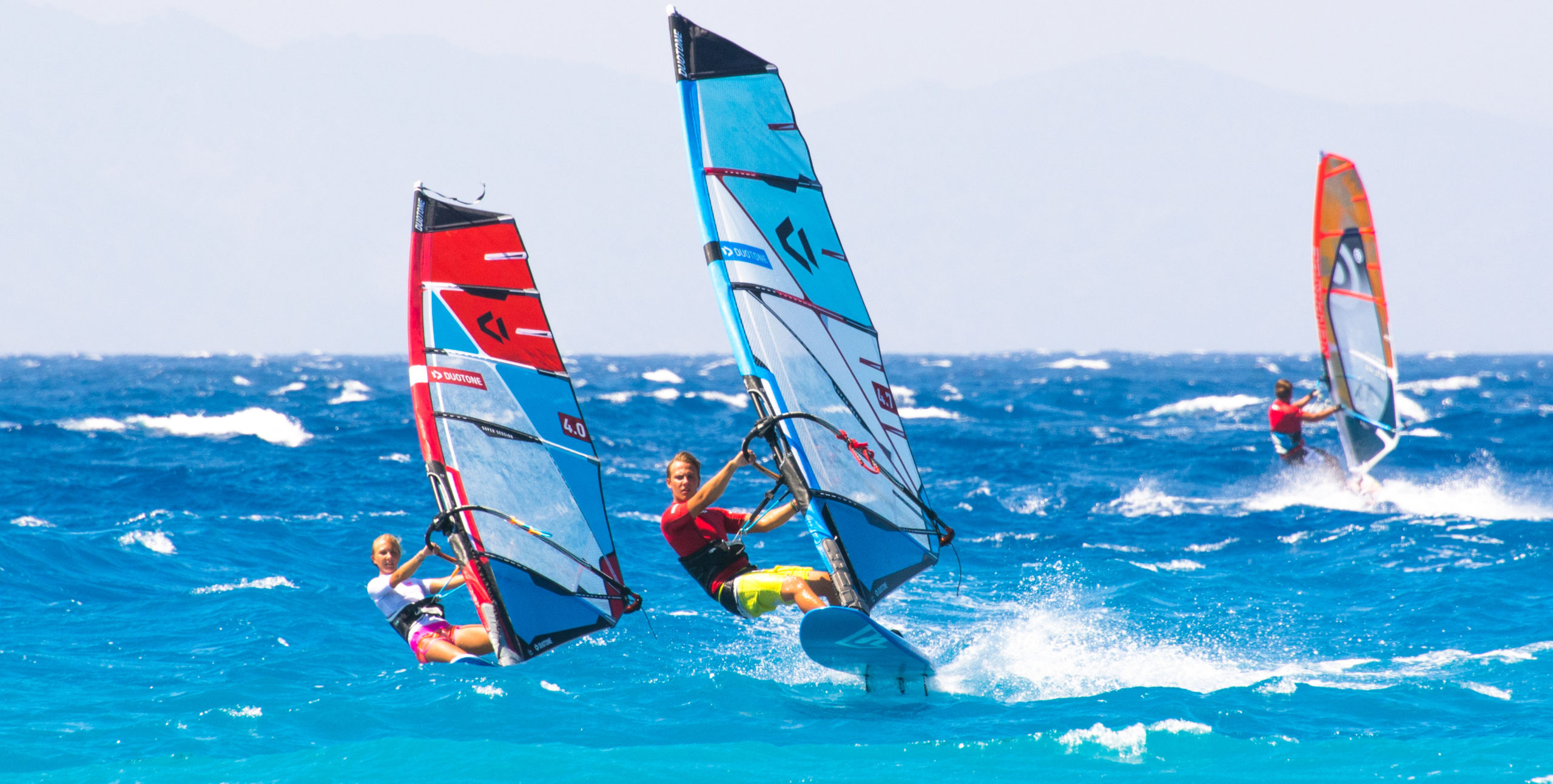 Windsurfing: Active Summer Sport at the Beach in Greece, Windsports, Windsurfing Holidays in Procenter Rhodos, 2022. 2560x1300 HD Wallpaper.