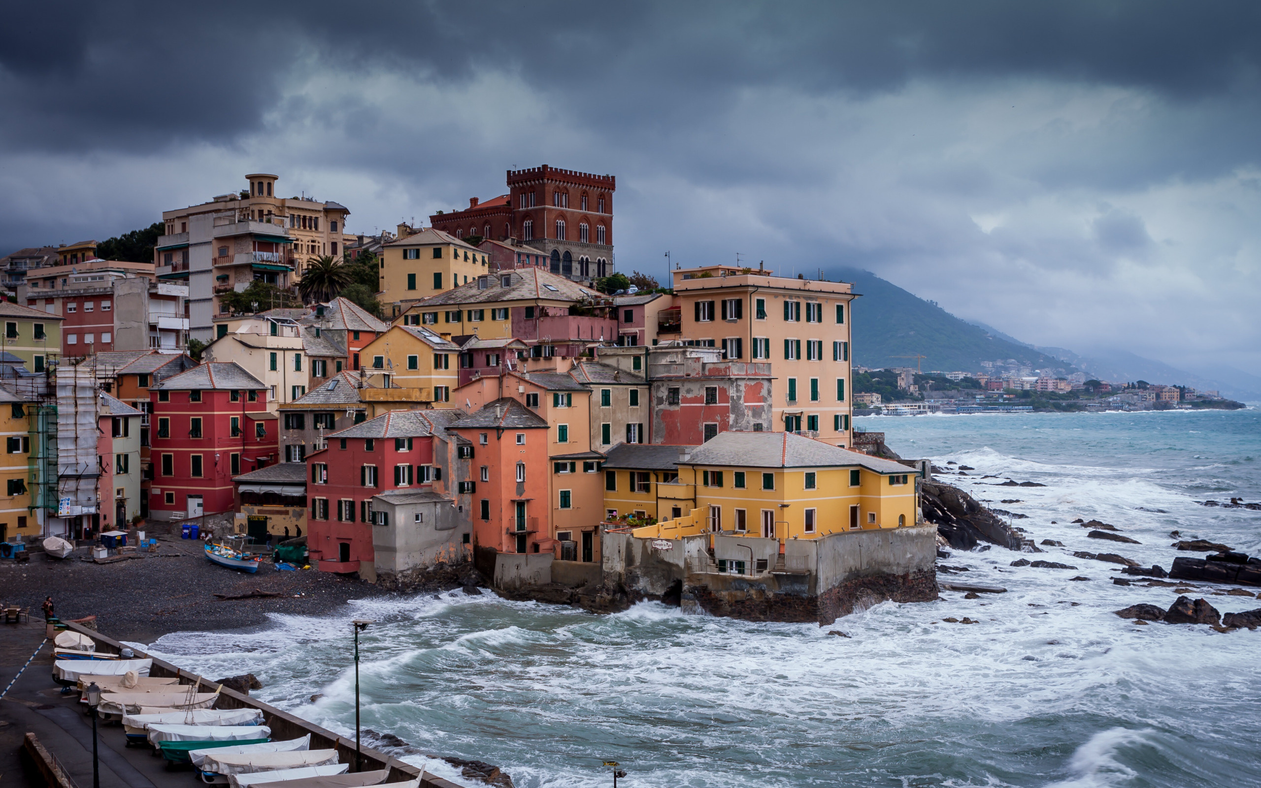 Genoa, Storm the city, Home boats, Boccadasse, 2560x1600 HD Desktop