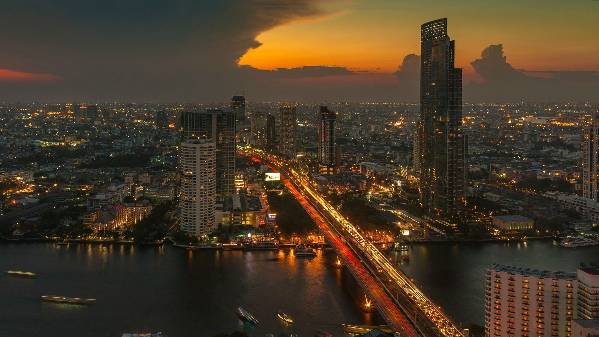 Bangkok: Taksin Bridge, Infrastructure, Sathon Bridge. 2050x1160 HD Background.