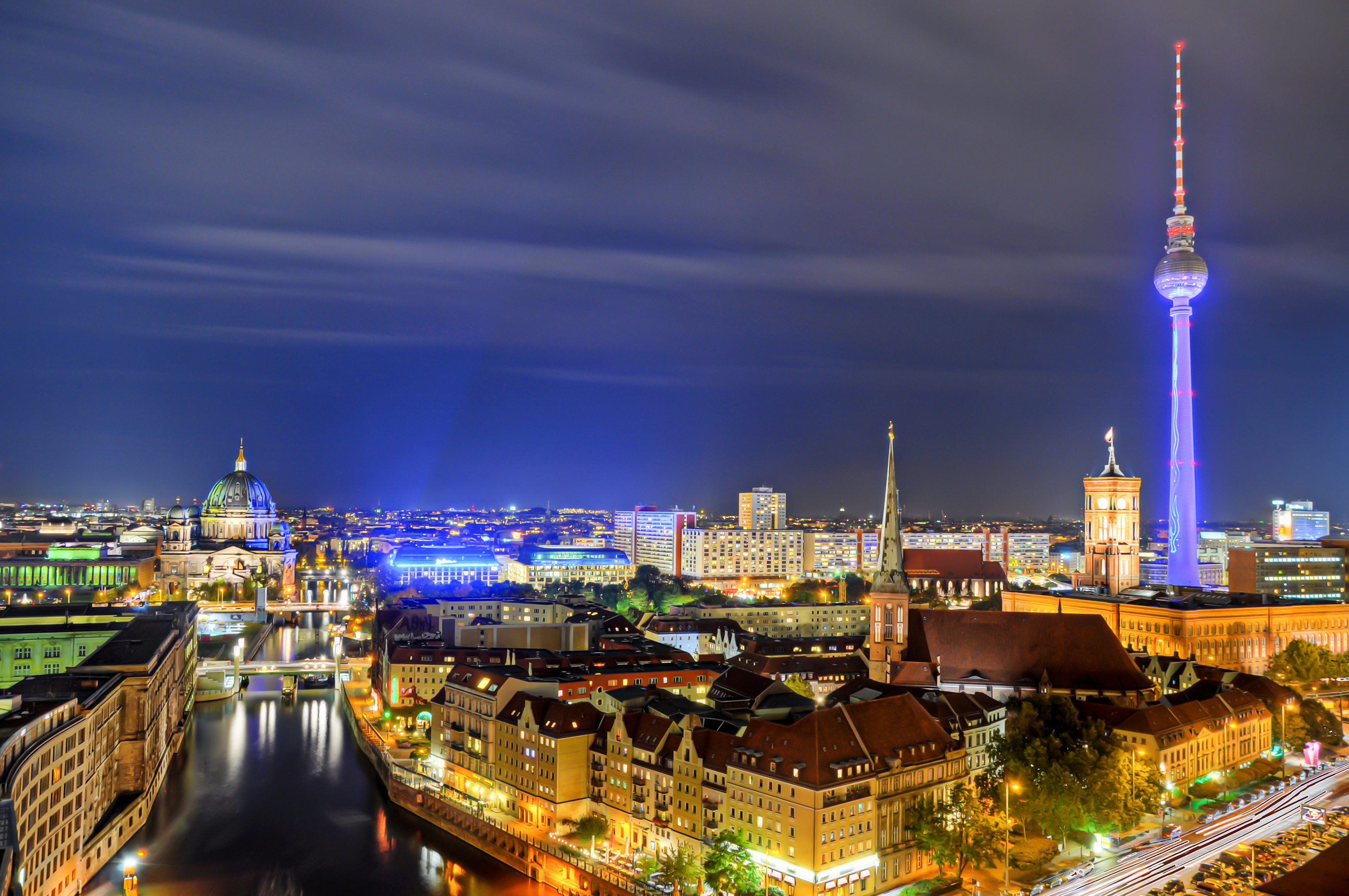 Berlin skyline, Germany canal, Night houses, Cities, 2590x1720 HD Desktop