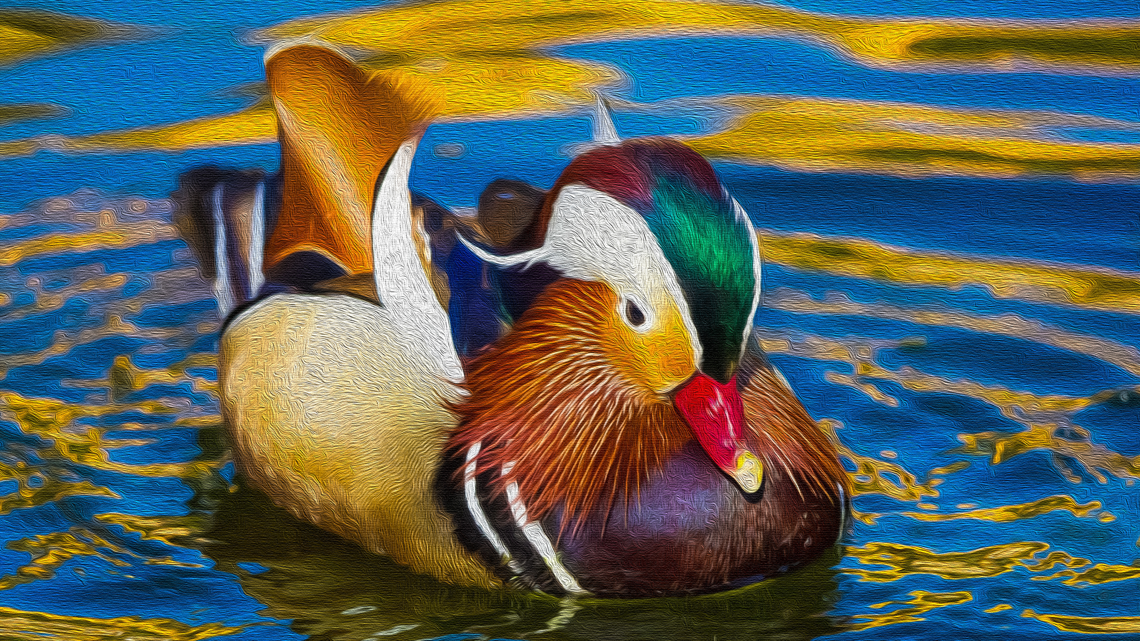 Oil on canvas painting of mandarin duck, Artistic masterpiece, Captivating artwork, Fine details, 3840x2160 4K Desktop