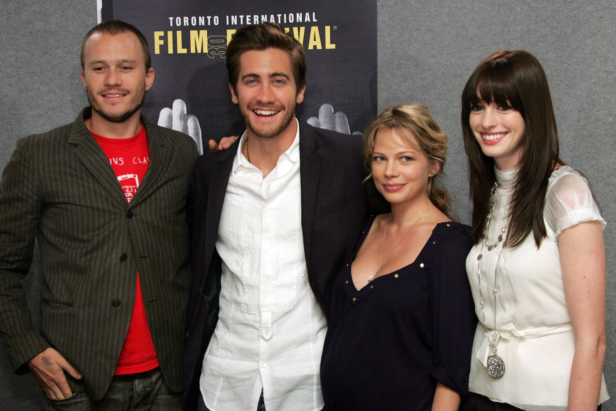 Brokeback Mountain: Heath Ledger, Jake Gyllenhaal, Anne Hathaway, and Michelle Williams, The film's premiere, 2005, Toronto. 2050x1370 HD Background.