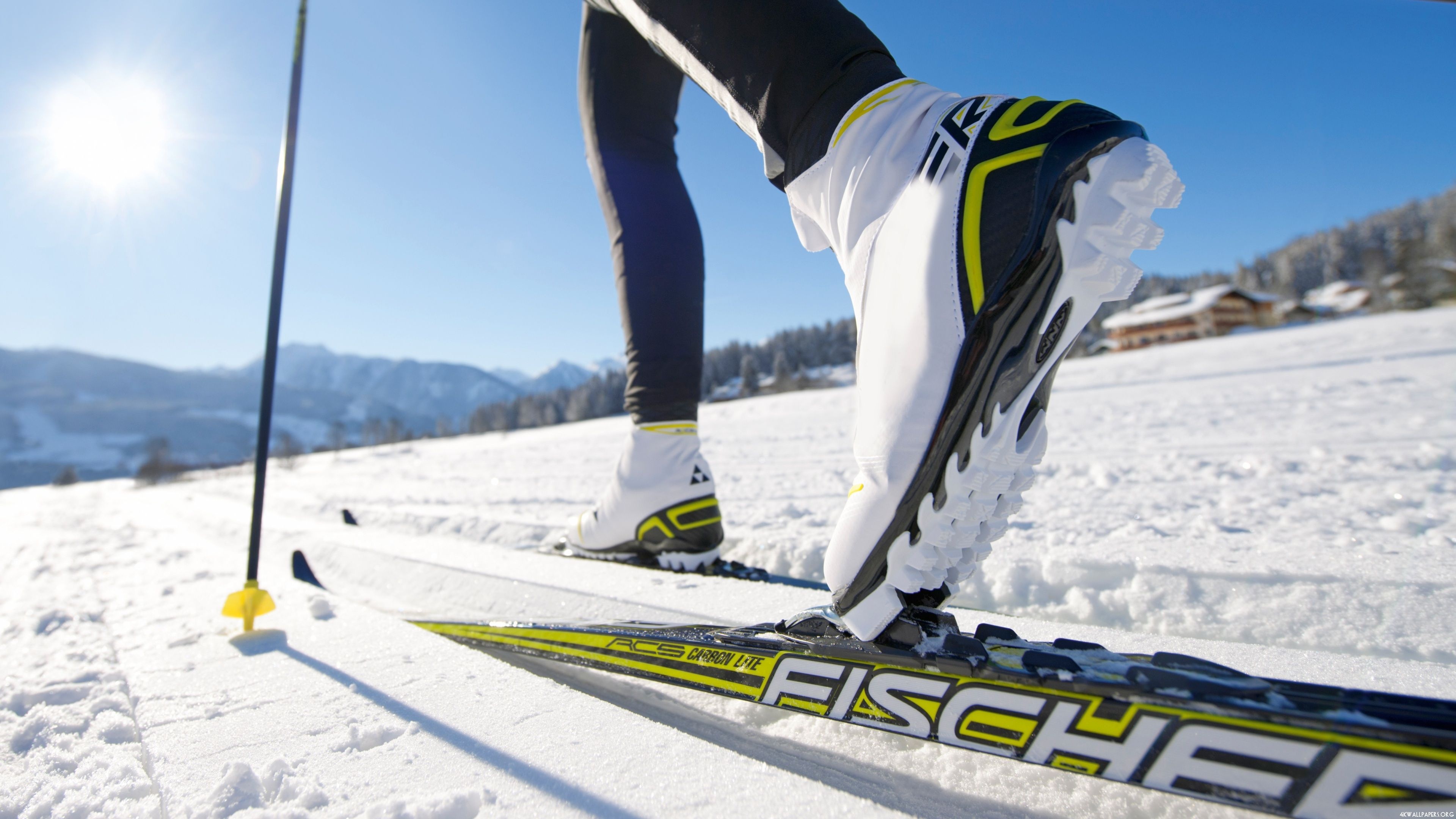 Skiing: Cross-country skis, Winter sports, A timed race on skis over a snow-covered track. 3840x2160 4K Background.