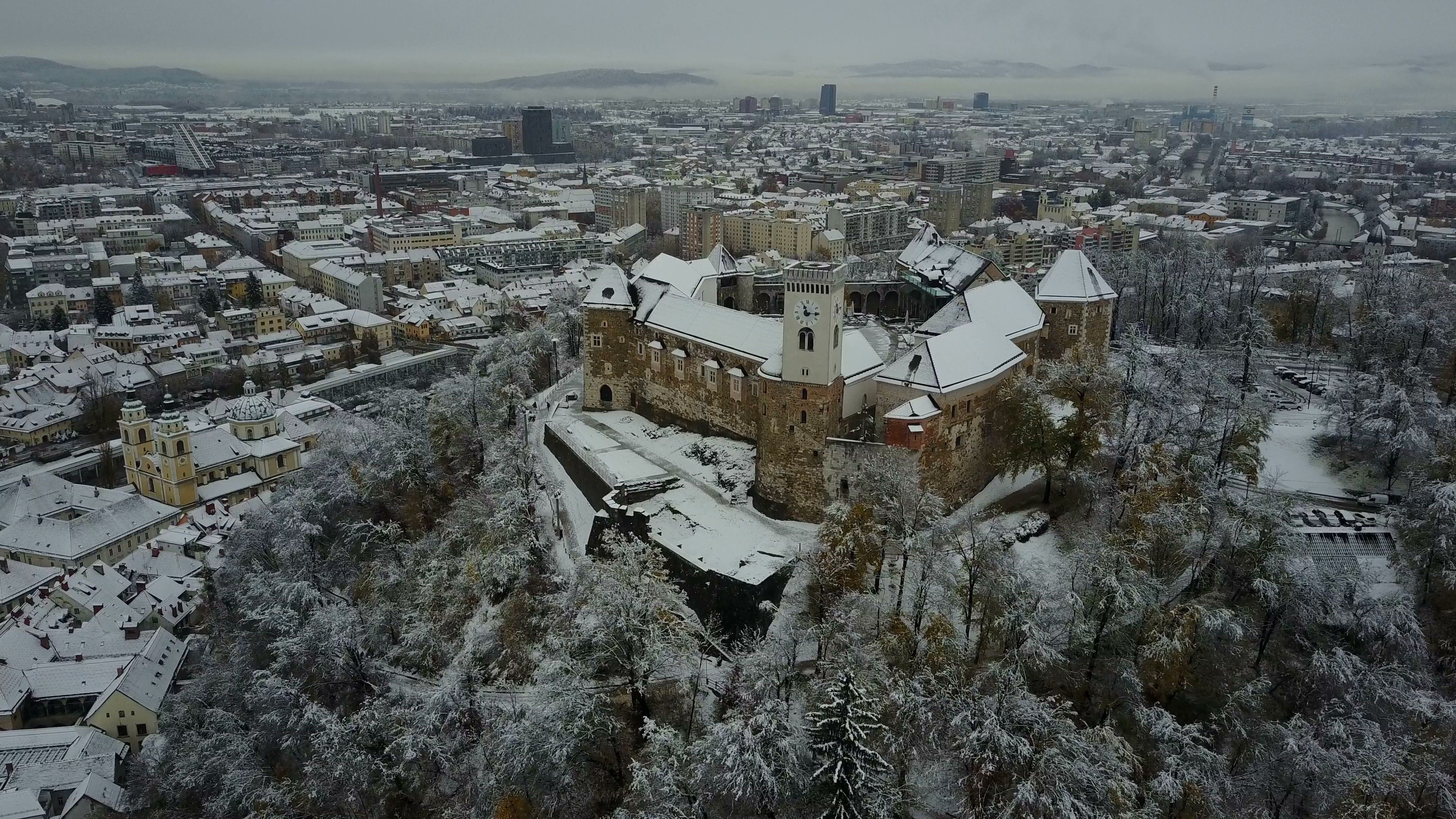 Ljubljana, Palace covered in snow, Slovenian history, Beautiful drone shot, 3840x2160 4K Desktop