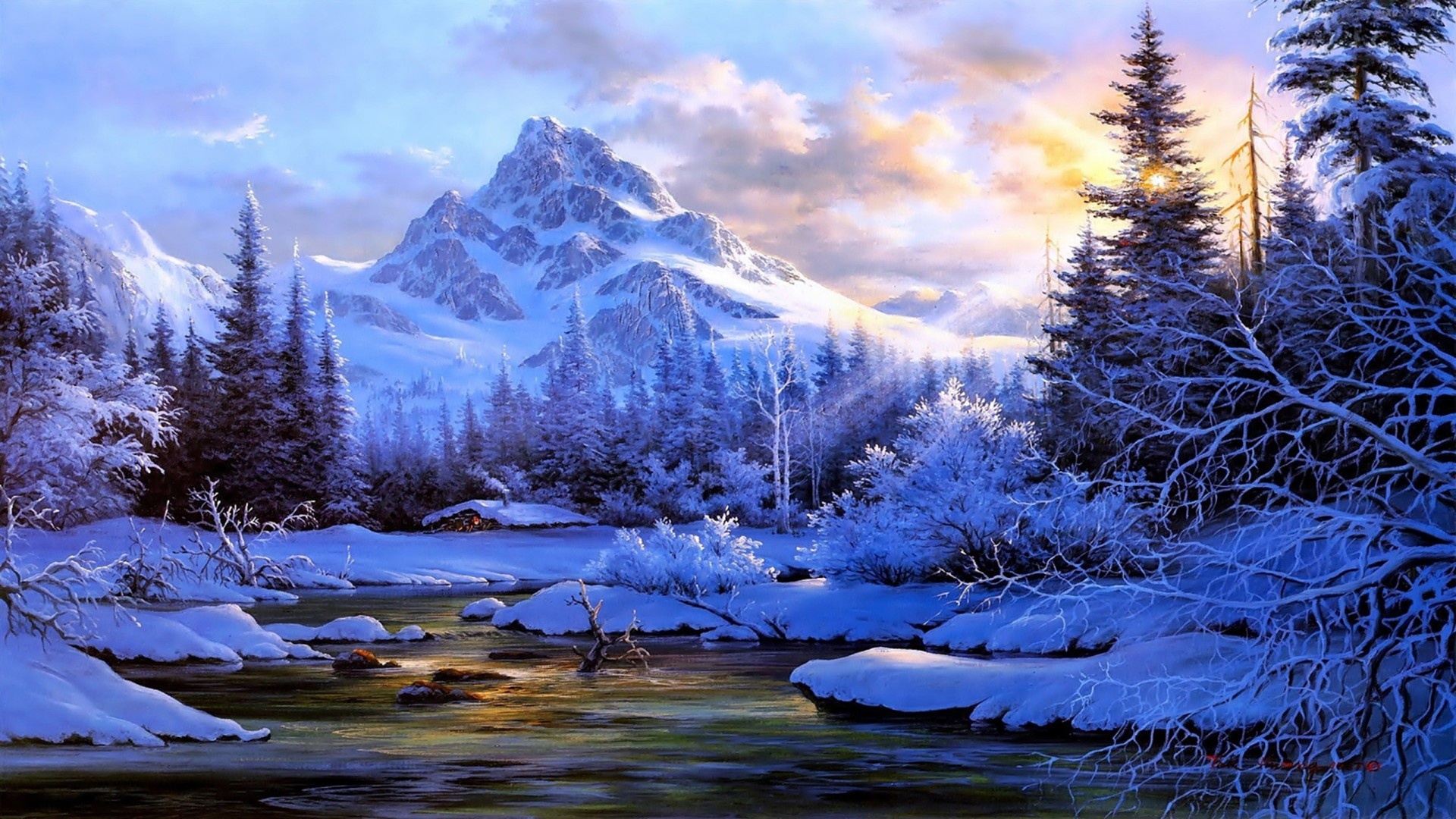 Landscape: The mountain valley winter art drawn in Chinese style, Snowy peaks and alpine conifer forest. 1920x1080 Full HD Background.