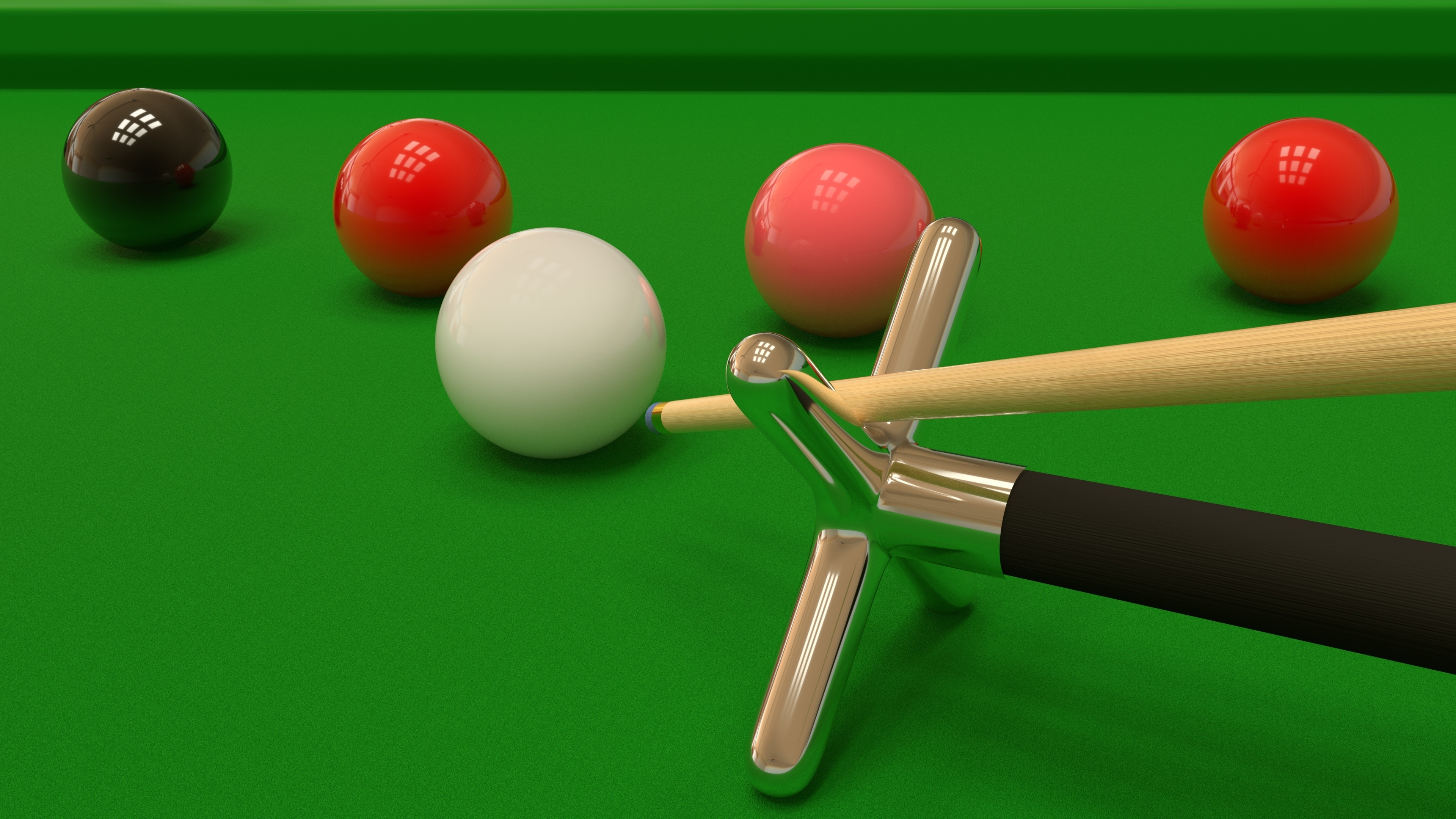 Snooker: 3D rendered model of a cue sports equipment - cue stick, cue ball with four object balls. 3840x2160 4K Background.