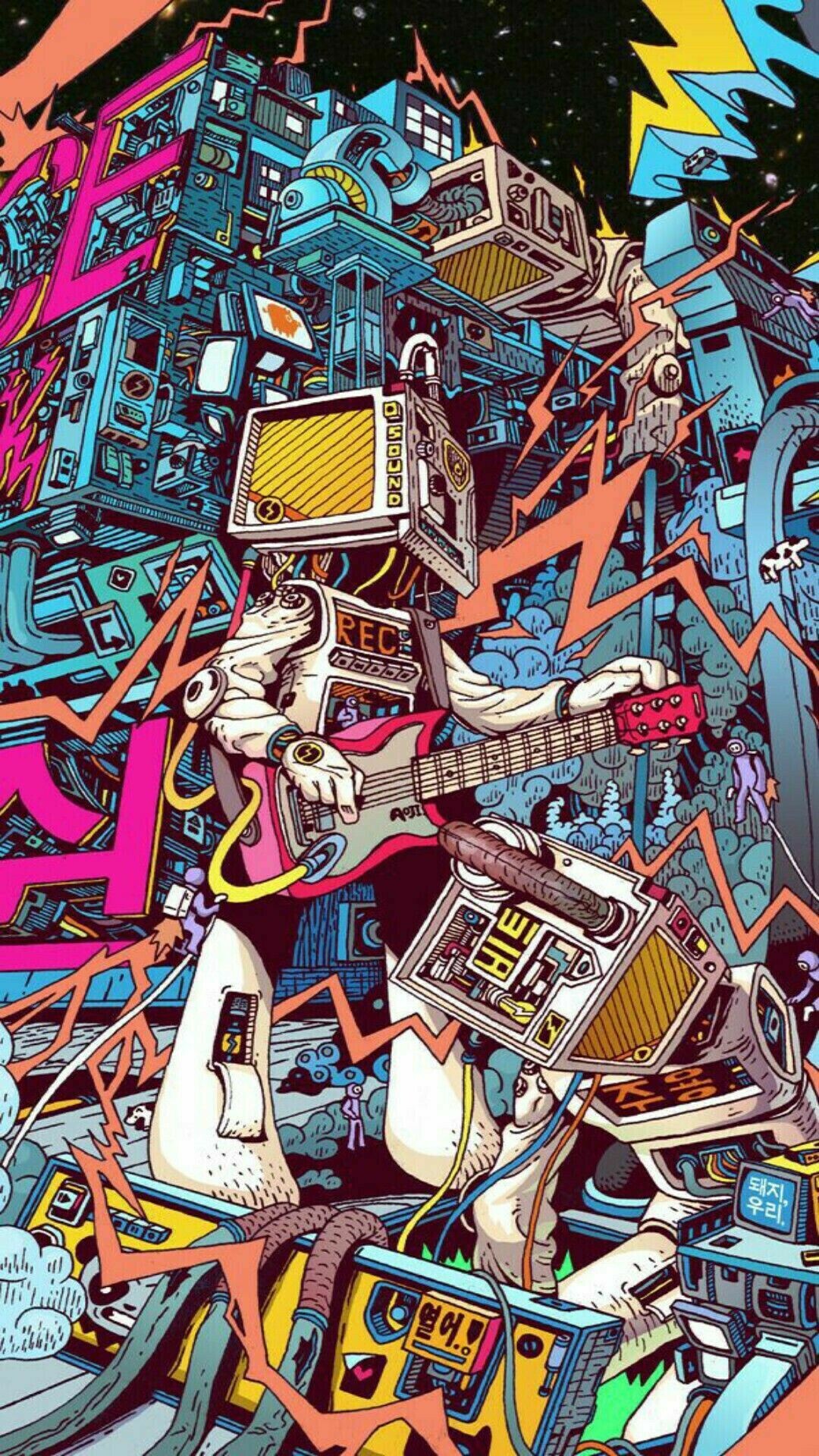 Pop Art: Psychedelic artwork, Urban design, Fictional character. 1080x1920 Full HD Background.