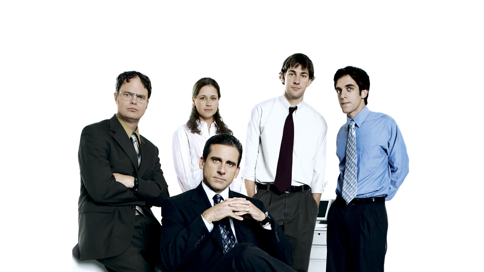 The Office (TV Series): The show featured Steve Carell, Rainn Wilson, John Krasinski, Jenna Fischer, and B. J. Novak as the main cast. 1920x1080 Full HD Background.