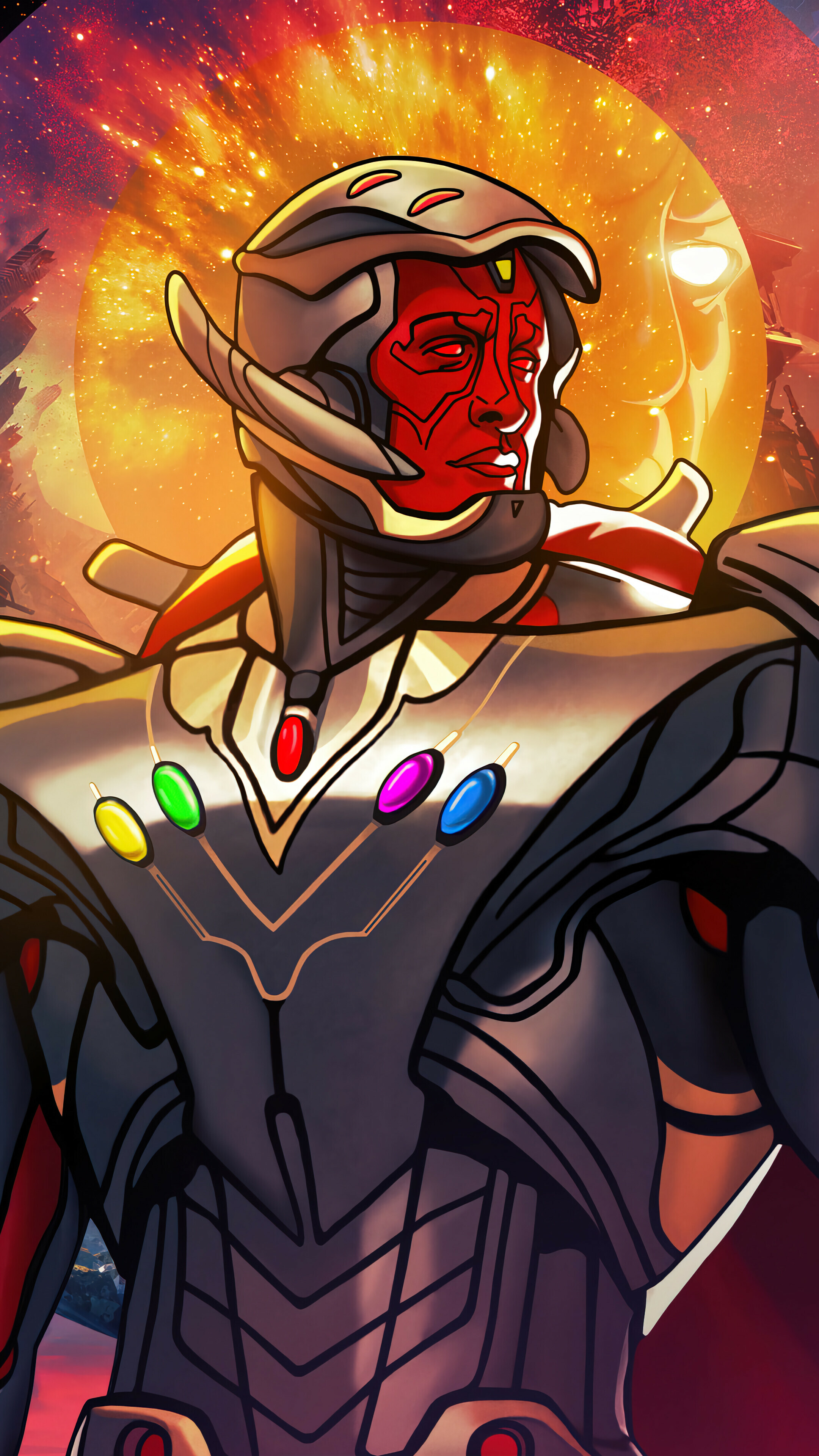 What If...?: Ultron with a new vibranium body and the six Infinity Stones. 2160x3840 4K Wallpaper.