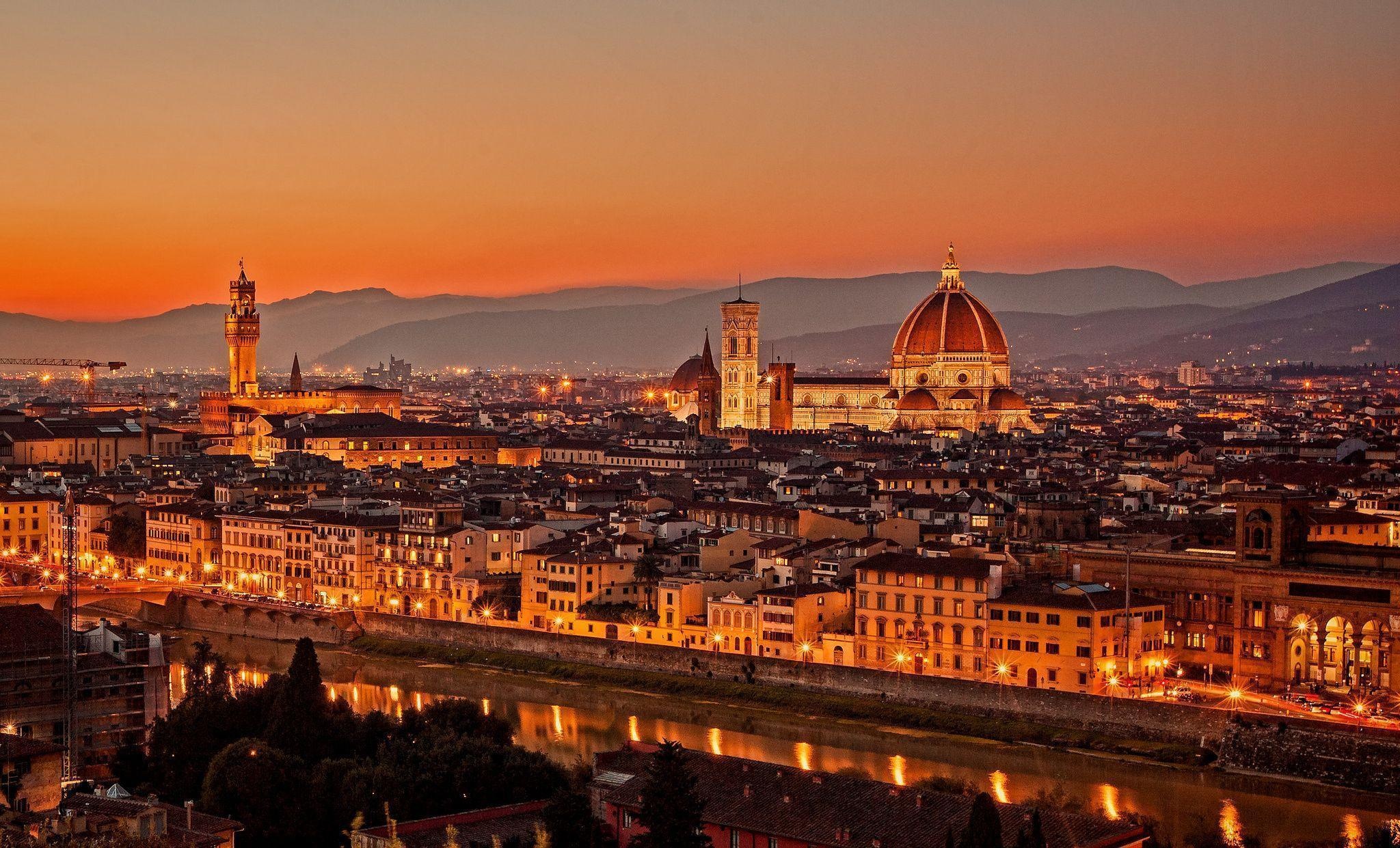 Cityscape: Brunelleschi's Dome and Giotto's Campanile of the Florence Cathedral as seen from Michelangelo Hill, Arno river. 2050x1250 HD Wallpaper.