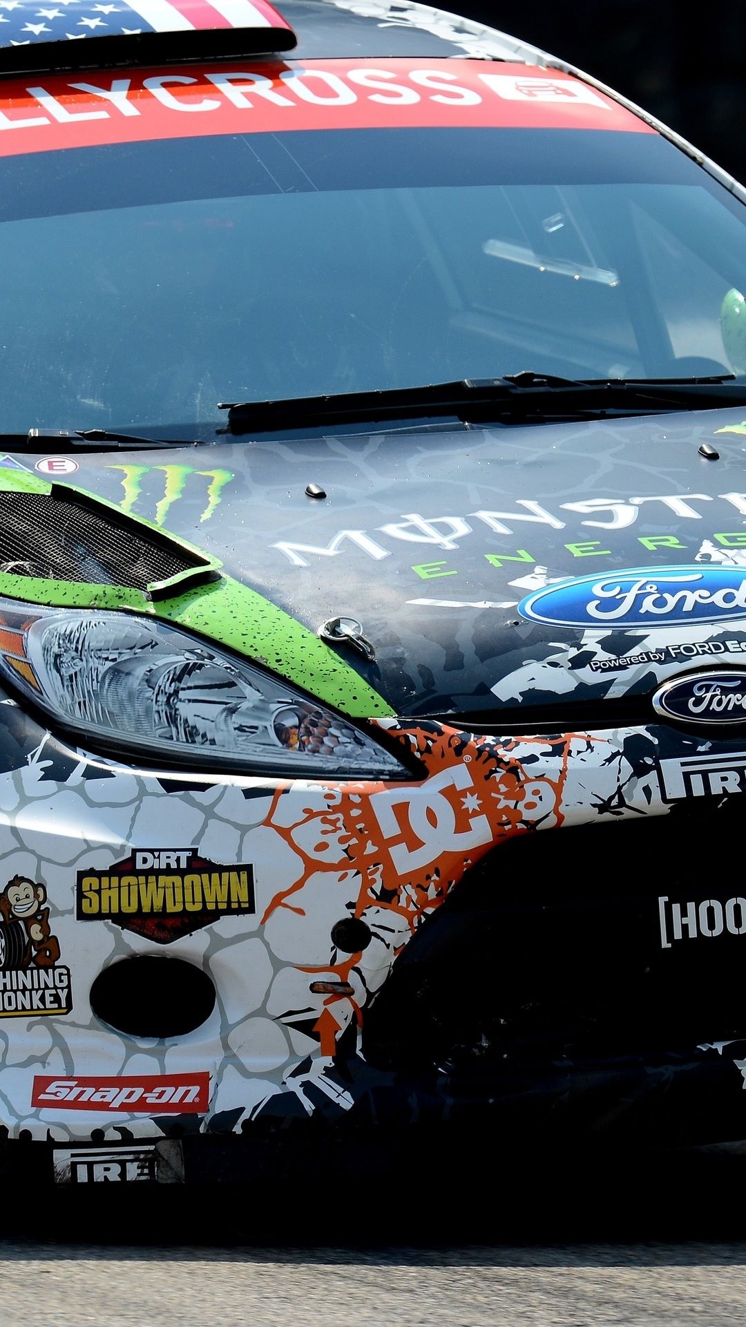 Rallycross: Automobile Exterior, Sponsor Logos, Ford Hoonigan, Dirt Showdown. 1080x1920 Full HD Background.