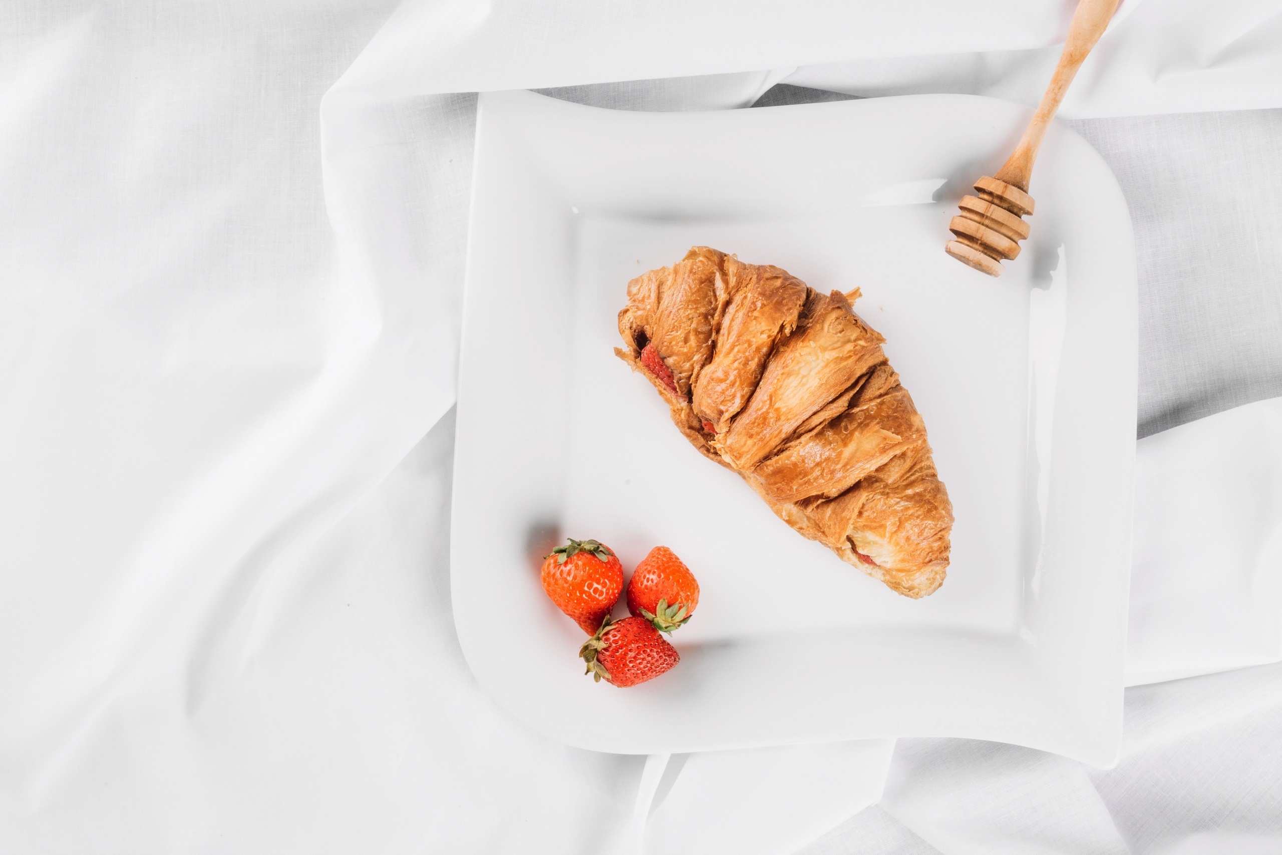 Croissant: A light flaky, and buttery viennoiserie pastry, Strawberries, Food. 2560x1710 HD Background.