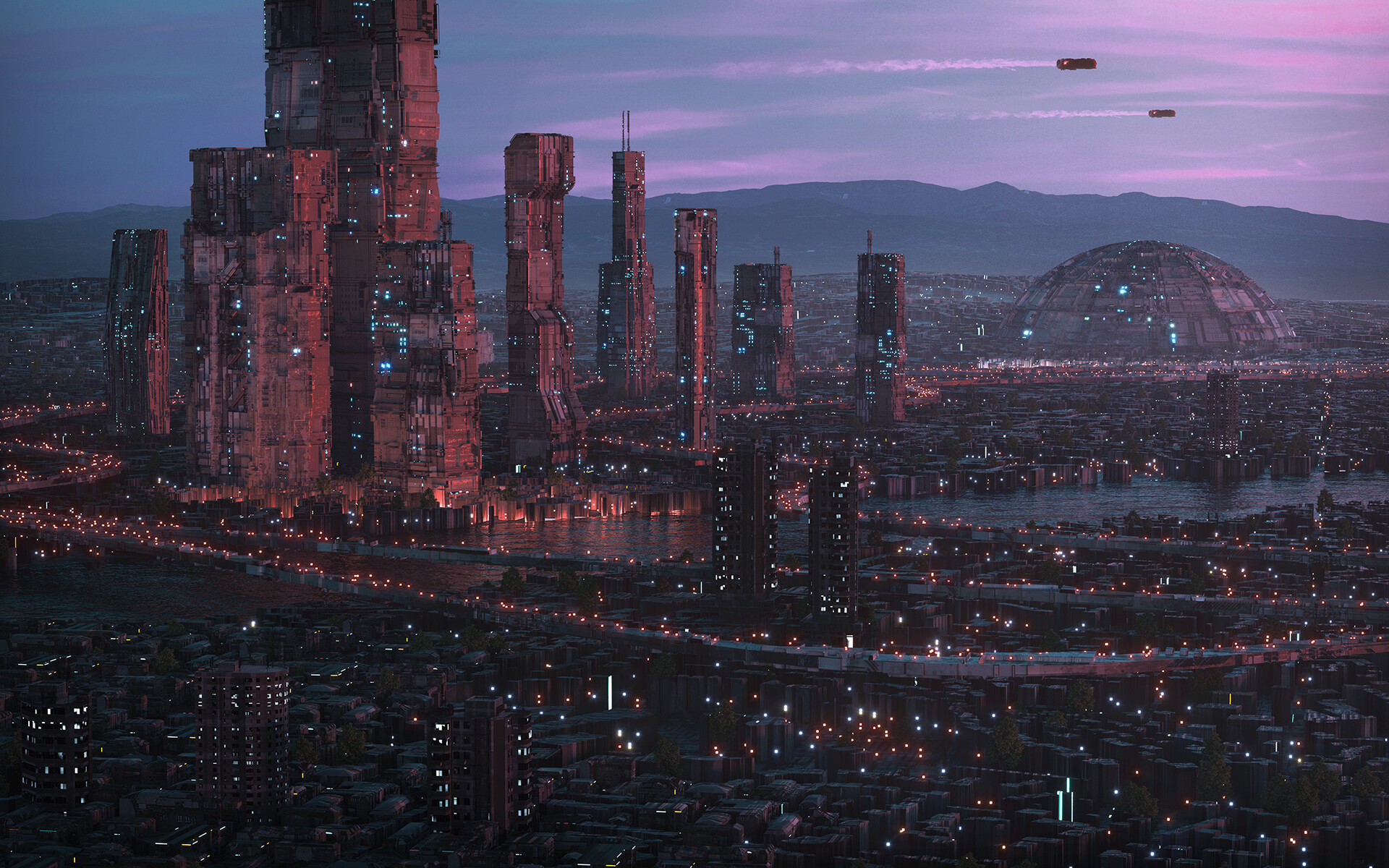Futuristic city skyline, Buildings, Reflection, Clouds, 1920x1200 HD Desktop