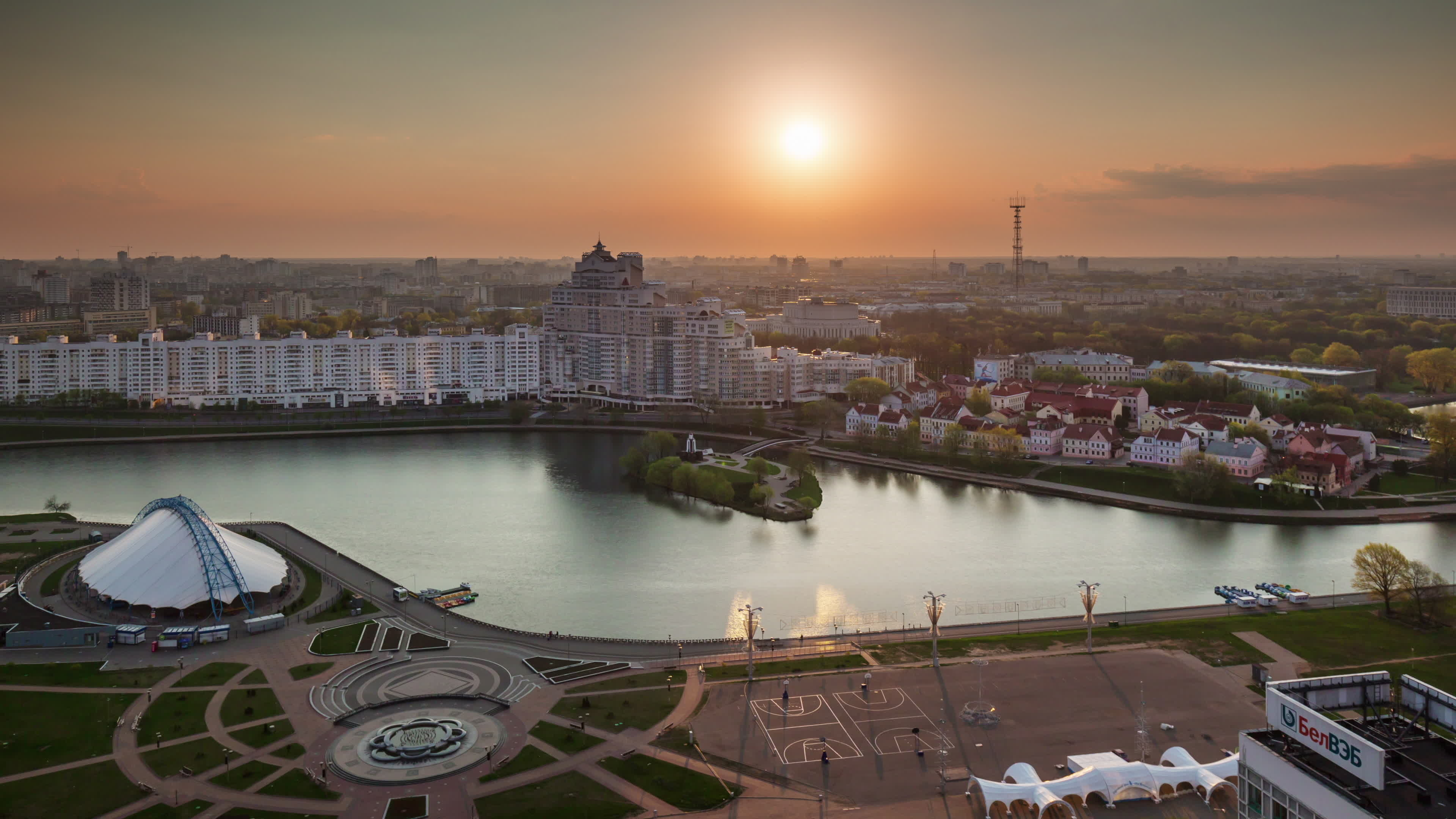 Minsk city, Travels, Sunset panorama, Nemiga river, 3840x2160 4K Desktop