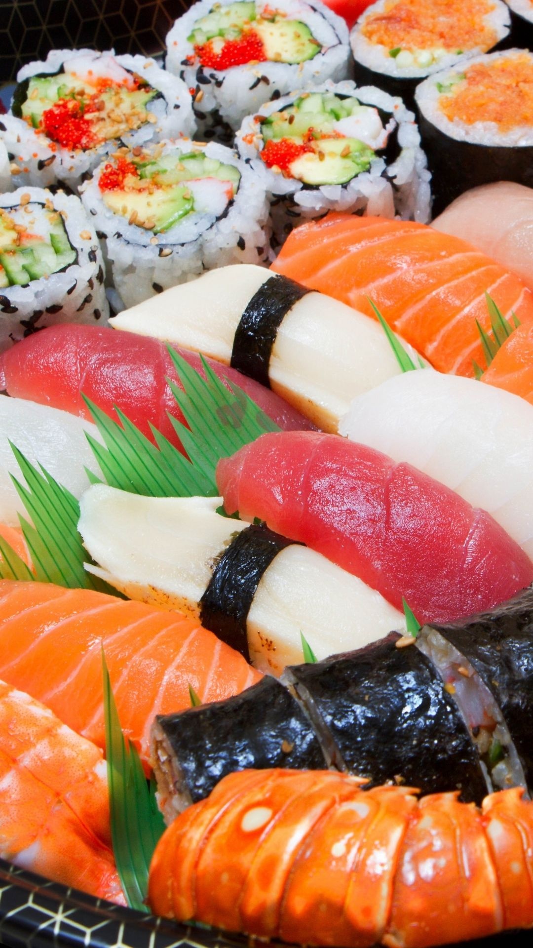 Sushi: A dish that is made by combining raw fish with specially prepared rice. 1080x1920 Full HD Background.