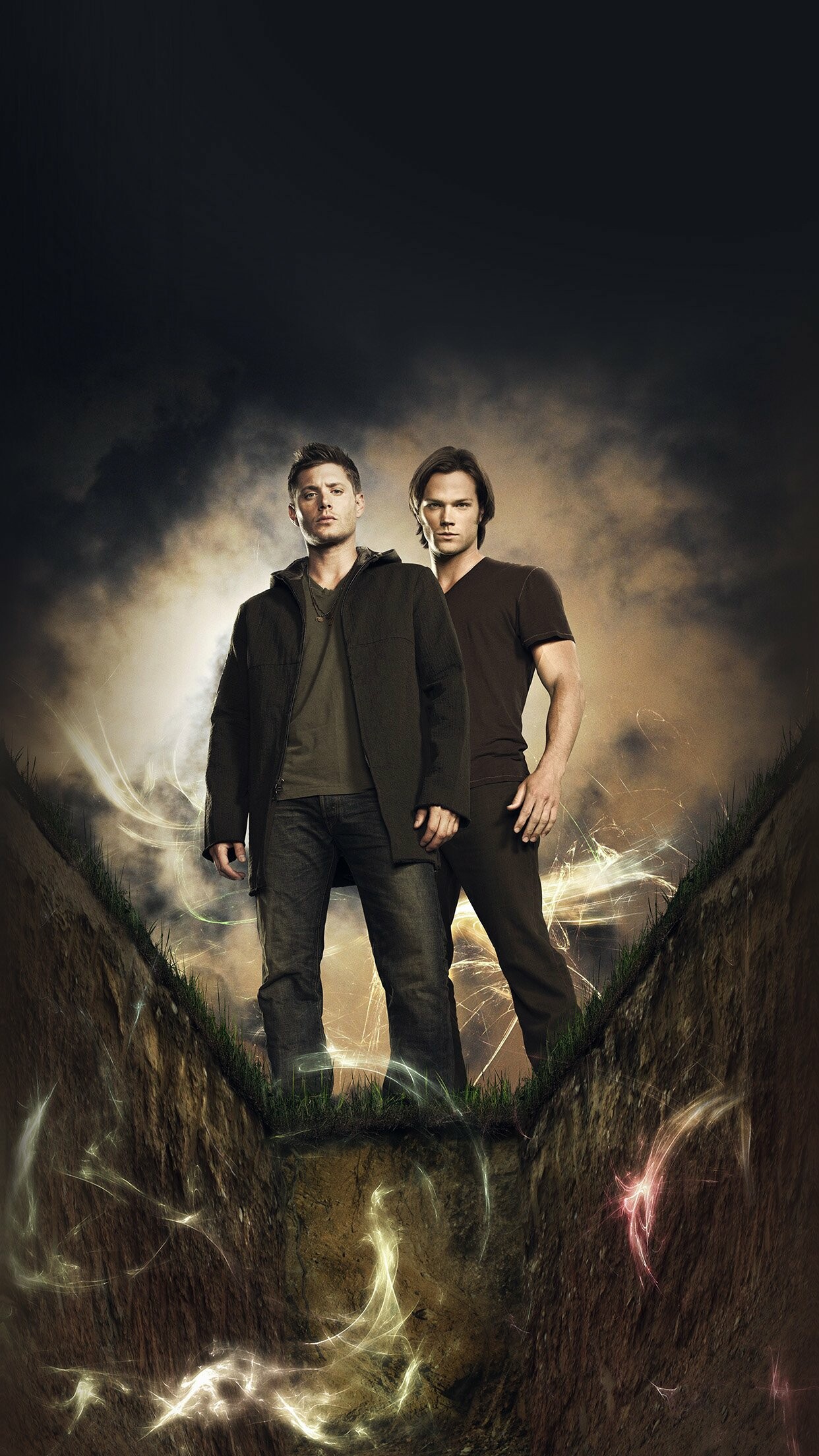 Supernatural: Sam and Dean Winchester, who travel across America in a black 1967 Chevy Impala investigating and combating paranormal events and other unexplained occurrences. 1250x2210 HD Background.
