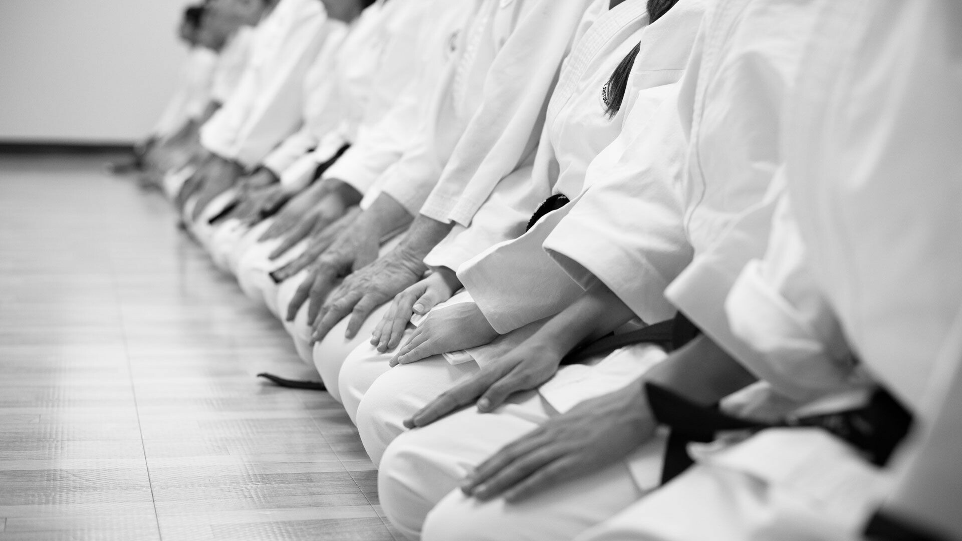 Karate: Monochrome group of karateka, Japanese martial arts training. 1920x1080 Full HD Wallpaper.