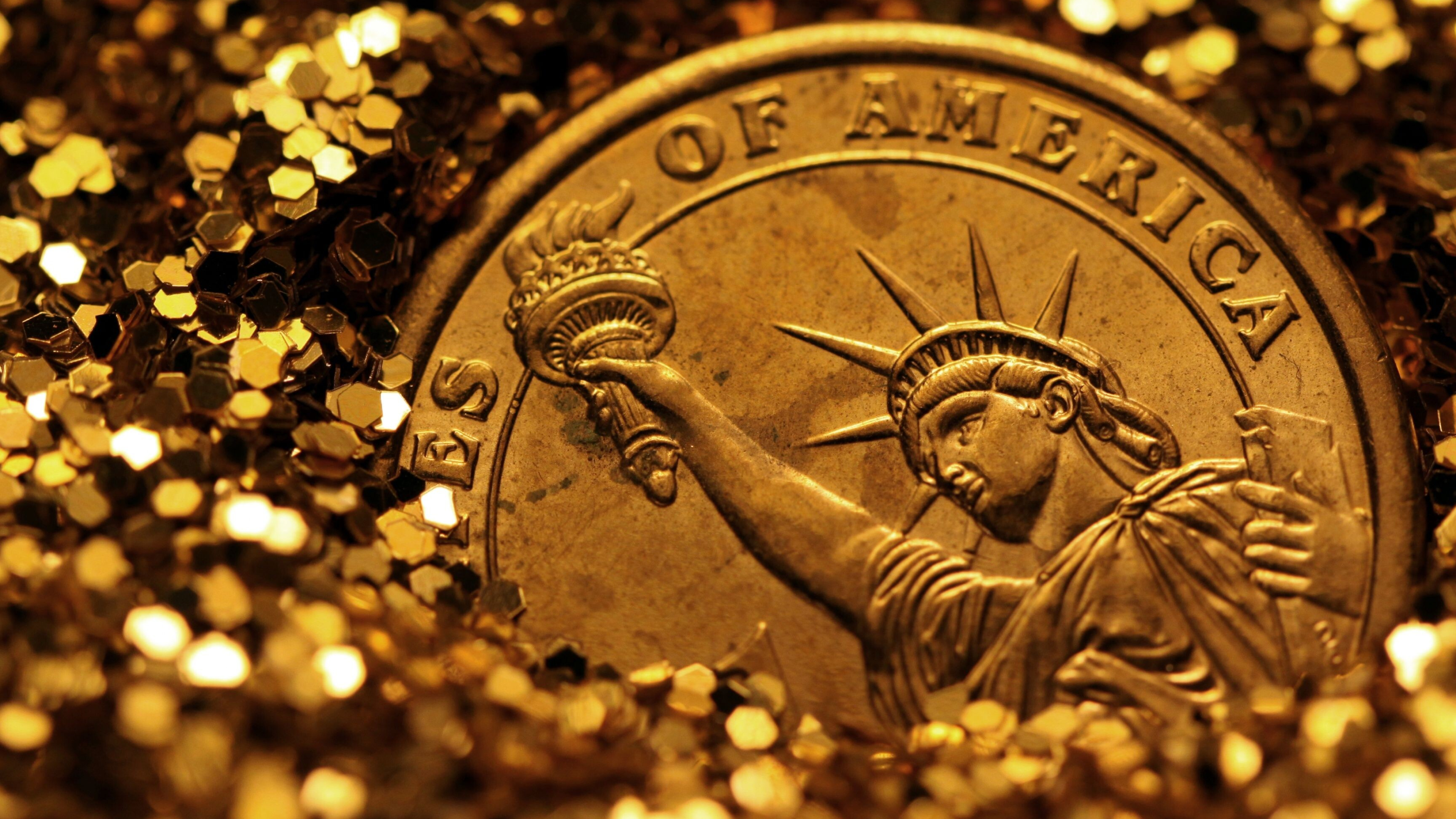 Gold Glitter: The United States 1 Dollar, The George Washington dollar coin, Presidential Coin Program. 3840x2160 4K Wallpaper.
