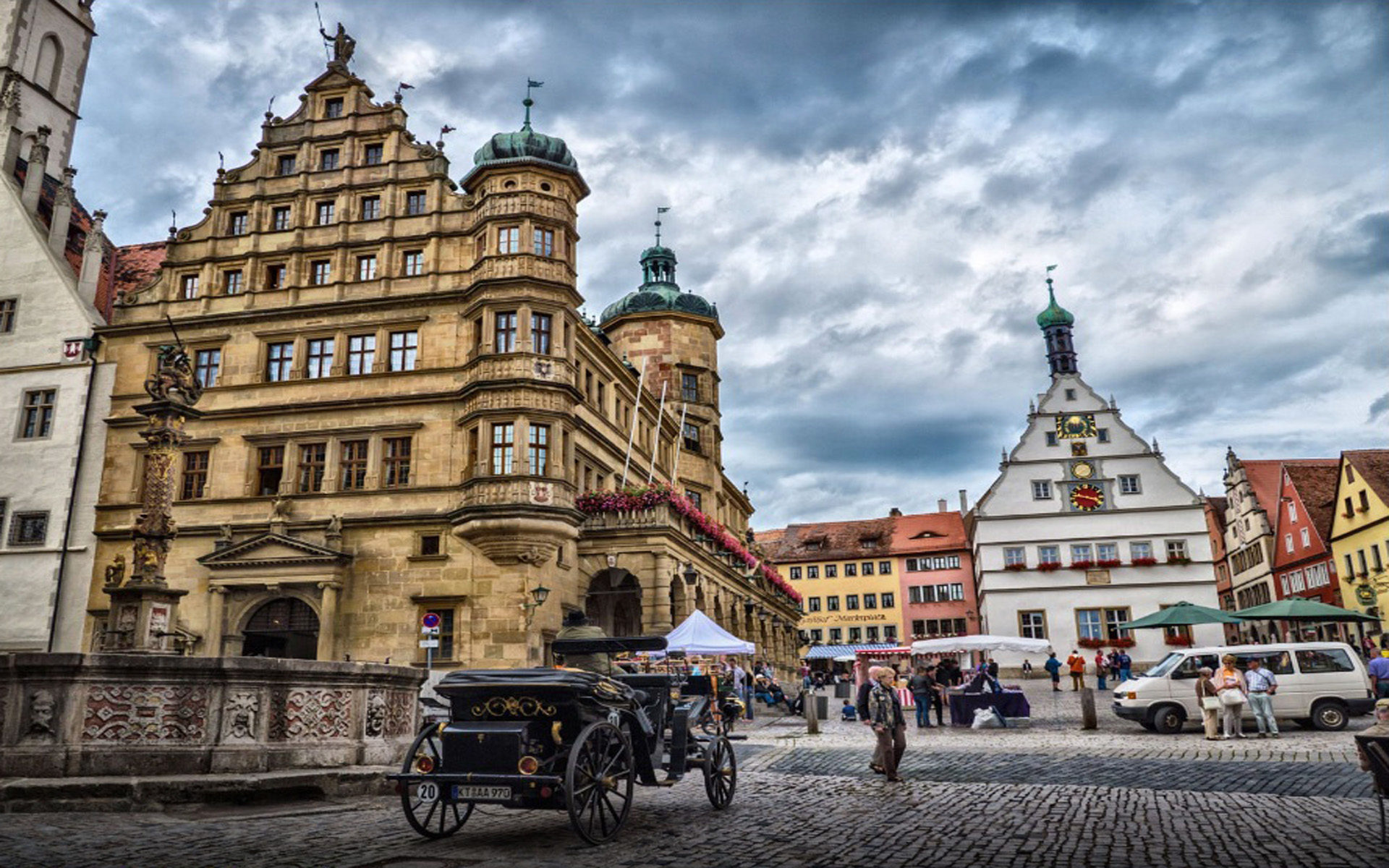 City Square: Rothenburg's center - Market Plaza and Town Hall Tower, A popular old medieval town in Germany. 1920x1200 HD Background.