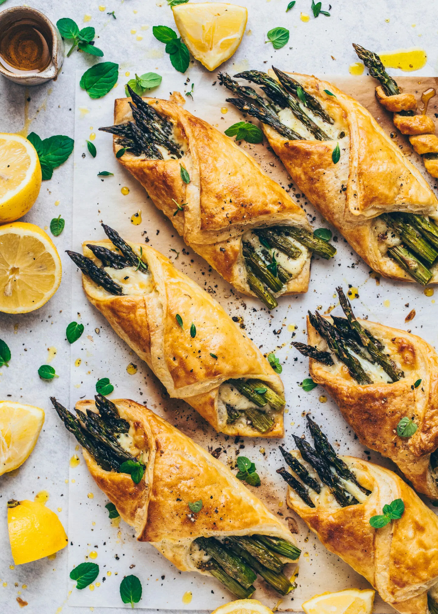 Pastry: Asparagus puff bundles with vegan cheese, Recipe. 1440x2020 HD Background.